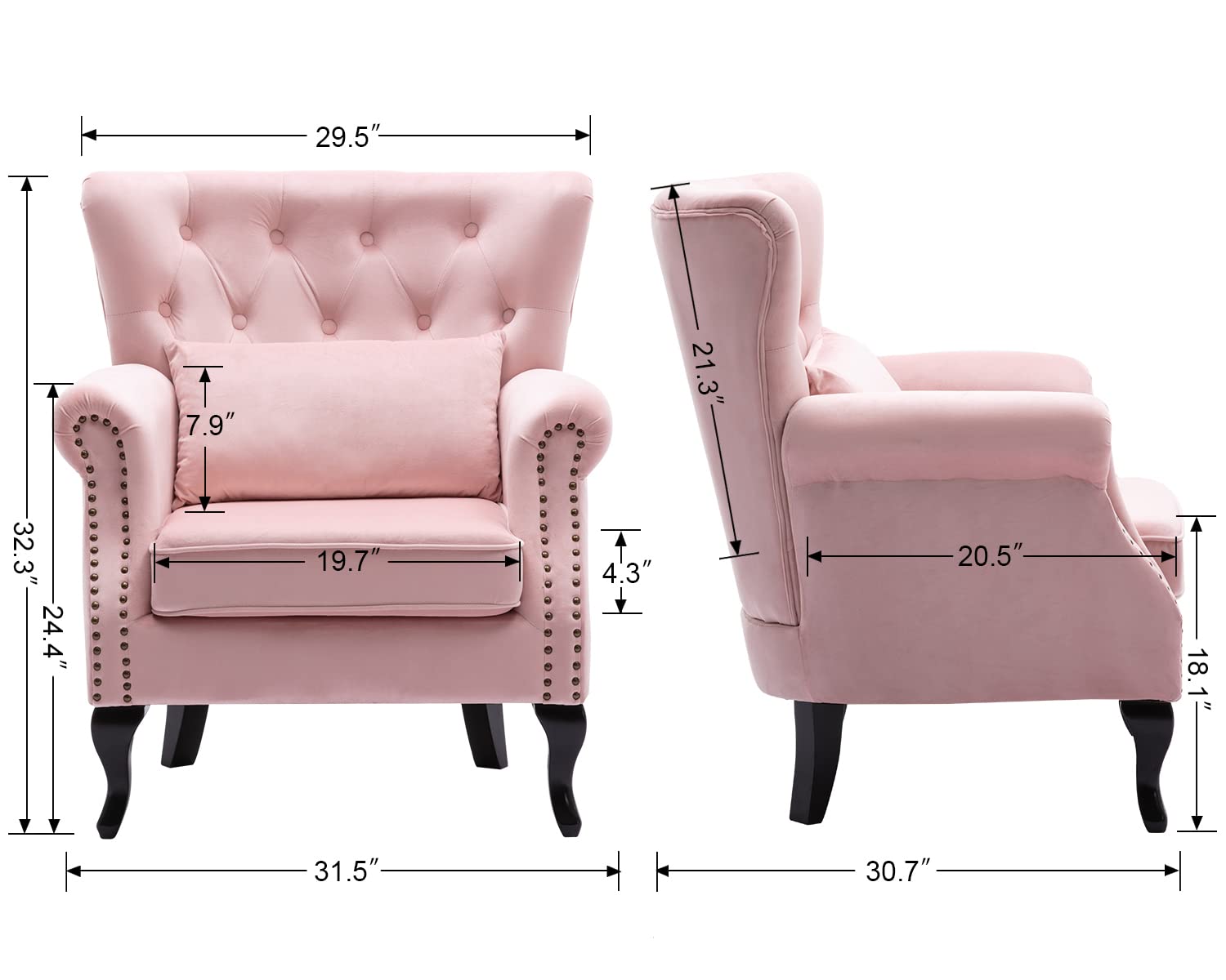 Mid-Century Modern Accent Chairs Set of 2 - Velvet Tufted Wingback Armchairs with Pillows for Living Room, Bedroom, Lounge (Pink) | Stylish & Comfortable Seating for Home Decor & Relaxation