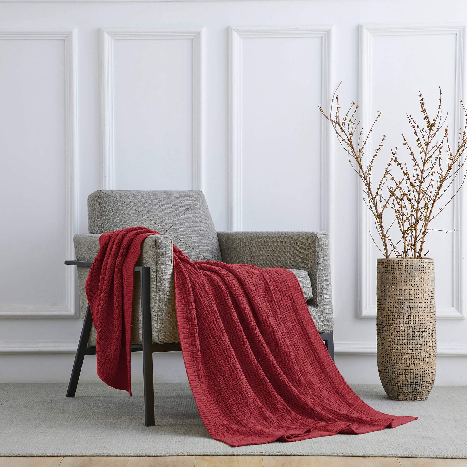 Soft Red Cable Knit Throw Blanket - 50x60 Inch Cotton Knitted Blanket for Couch, Sofa, Bed & Beach - Cozy Lightweight Decorative Blanket for Home, Travel & Outdoor Use