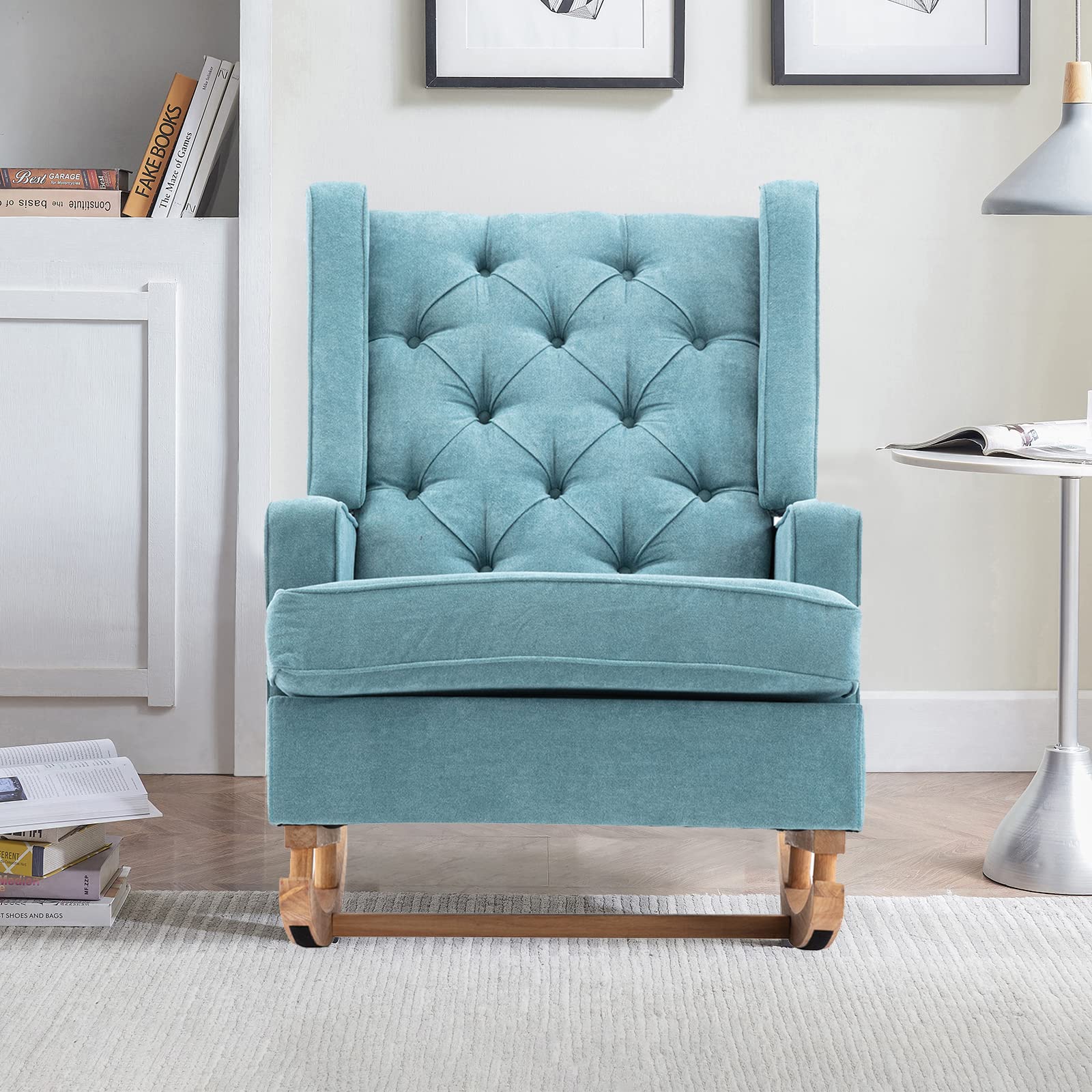 **Modern Tufted Wingback Rocking Chair - Nursery Glider, Upholstered Baby Rocker for Bedroom, Living Room & Study - Blue & Green Options - Perfect for Nursing, Relaxing & Home Decor**