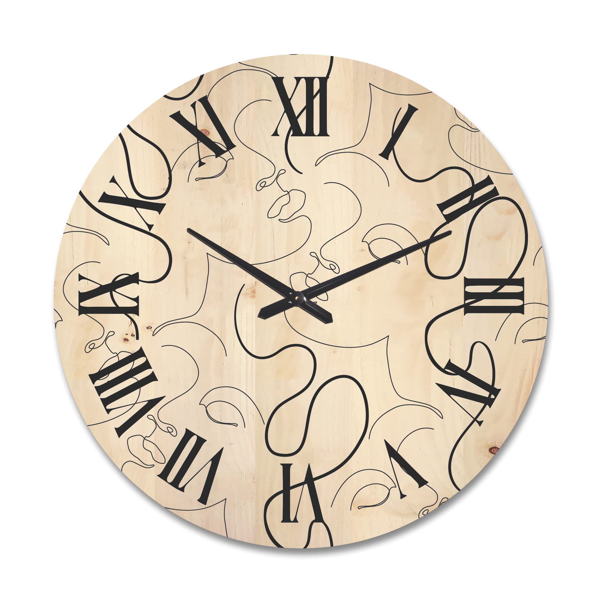 Modern Black and White One Line Drawing Portrait Wall Clock - Large Abstract Wooden Wall Art for Living Room, Bedroom & Office Décor | Unique Oversized Fractal Design Home Decor Gift