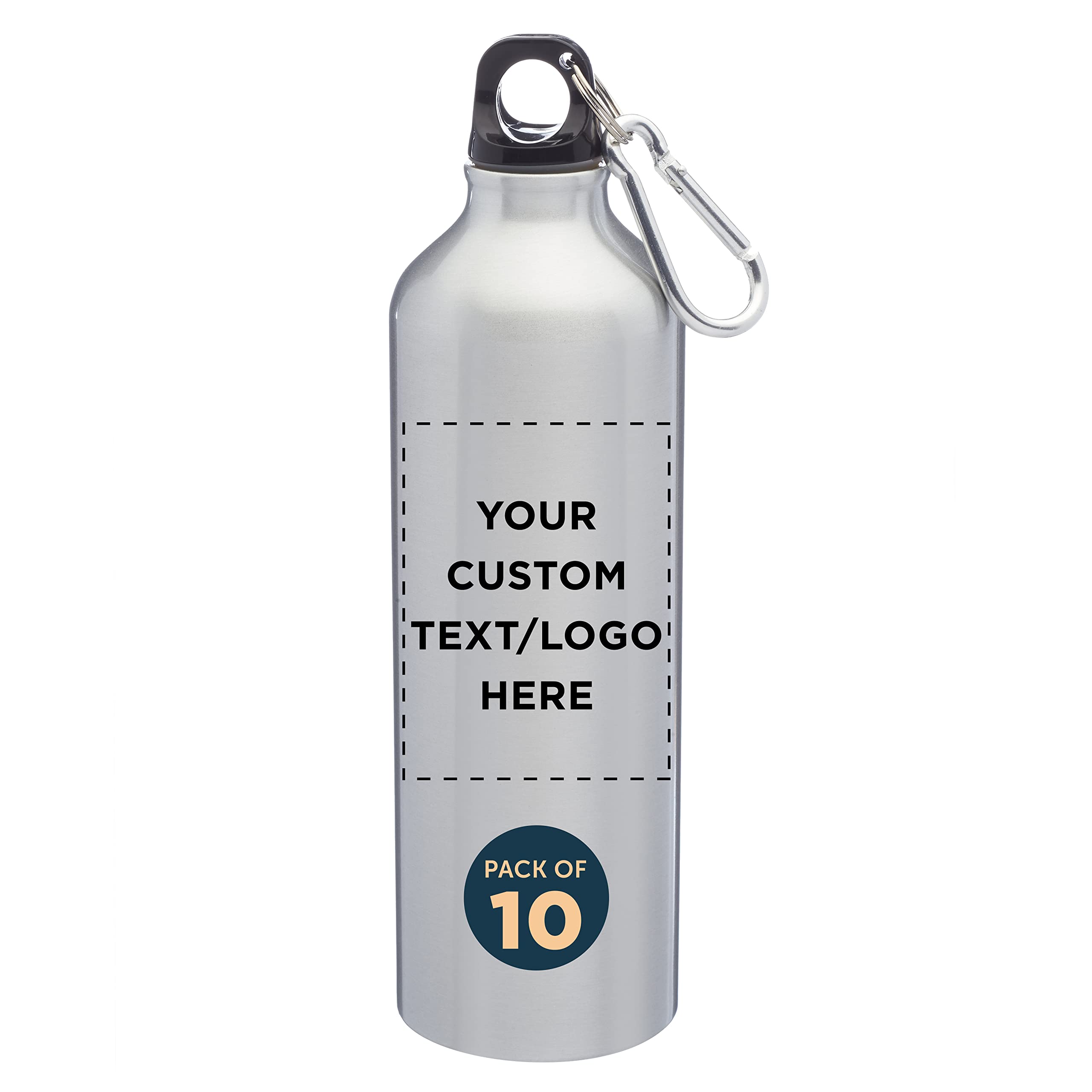 Custom 24oz Aluminum Water Bottles with Carabiner Clip - Bulk Set of 10 Personalized Sport Bottles - Ideal for Gym, Hiking, Camping, Running & Cycling - Durable BPA-Free Reusable Water Bottle for Outdoor Adventures & Team Events - Silver