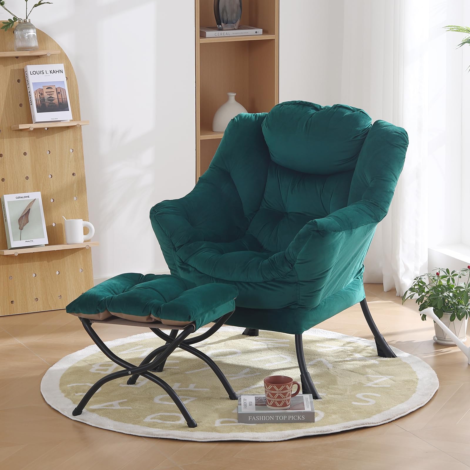 Oversized Lounge Chair with Ottoman - Modern Accent Chair with Folding Footrest, Velvet Dark Green Comfortable Reading Chair for Bedroom, Study, Living Room & Courtyard - Perfect for Relaxing, Reading & Home Decor