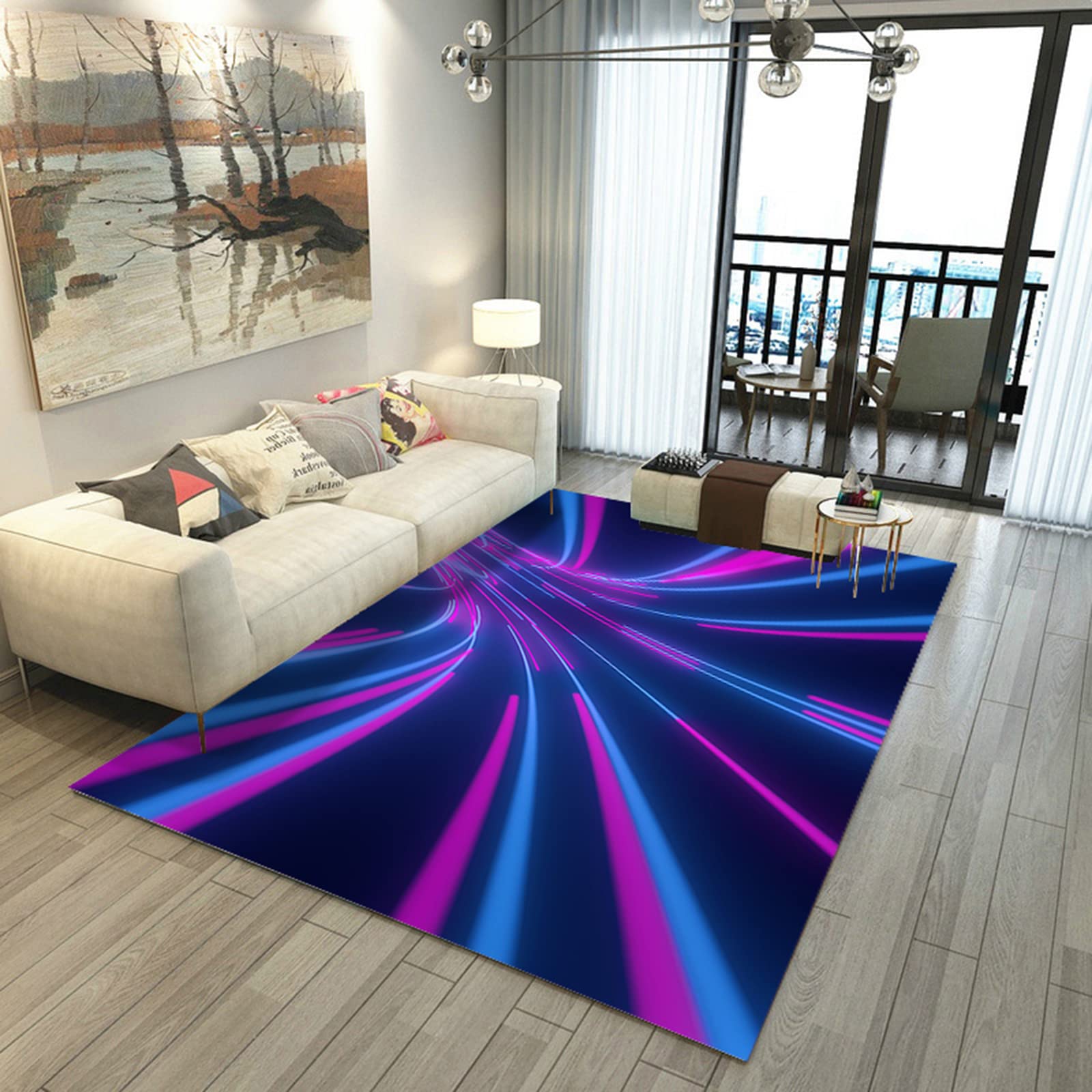 Large Abstract Area Rugs 79x55 Inches - Trippy Blue & Purple Washable Carpet for Living Room & Bedroom | Non-Slip Floor Mat for Home Decor, Dorm, Office | Easy to Clean & Machine Washable