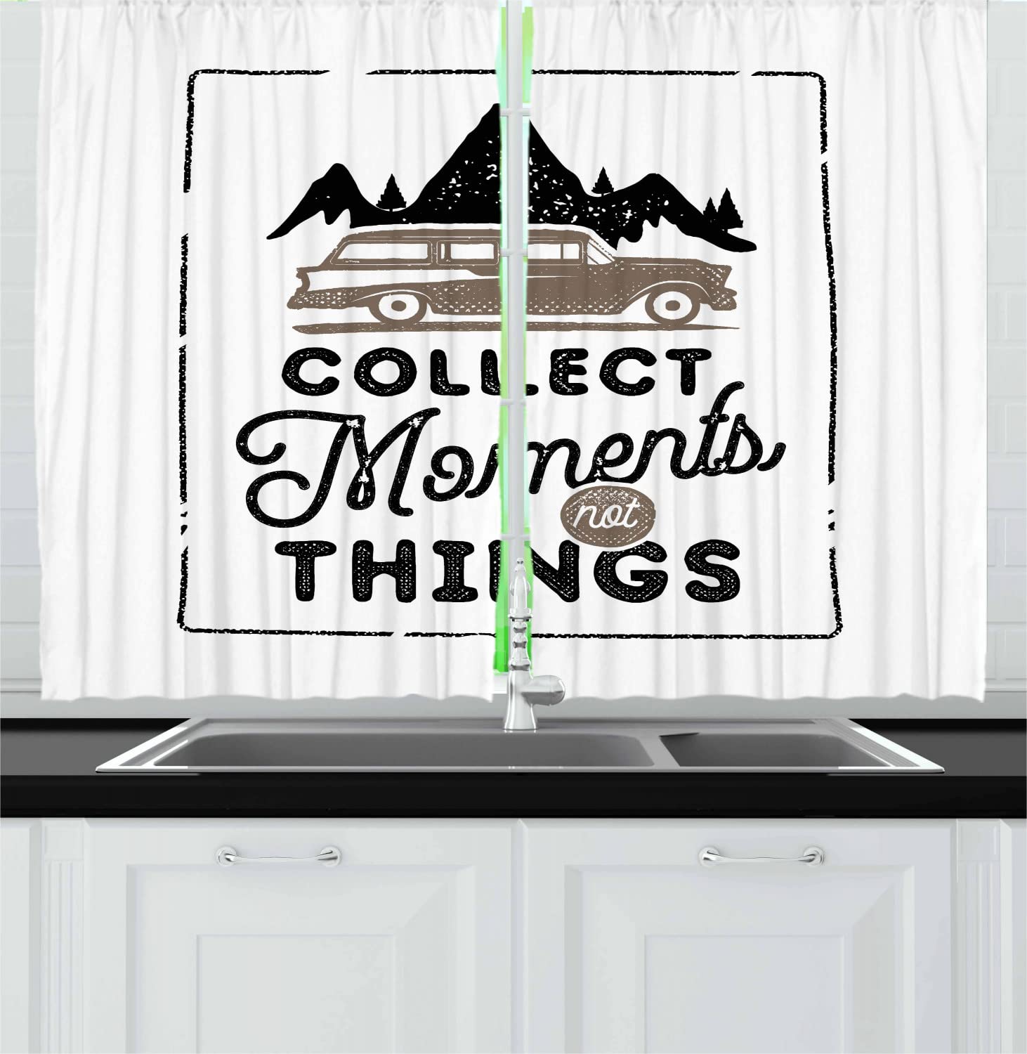Ambesonne Inspirational Camping Kitchen Curtains - Typographic 'Collect Moments Not Things' Design, 2 Panel Rod Pocket Drapes, 55 x 45 Inches, Warm Taupe Charcoal Grey & White - Perfect for RV, Cabin & Outdoor Decor