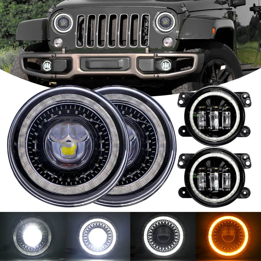 LOYO 7 Inch Dragon Eye LED Headlights with Amber Turn Signals + 4 Inch Fog Lights Halo Ring Kit for Jeep Wrangler JK TJ LJ (1997-2017) - Off-Road Adventure & Night Driving Upgrade