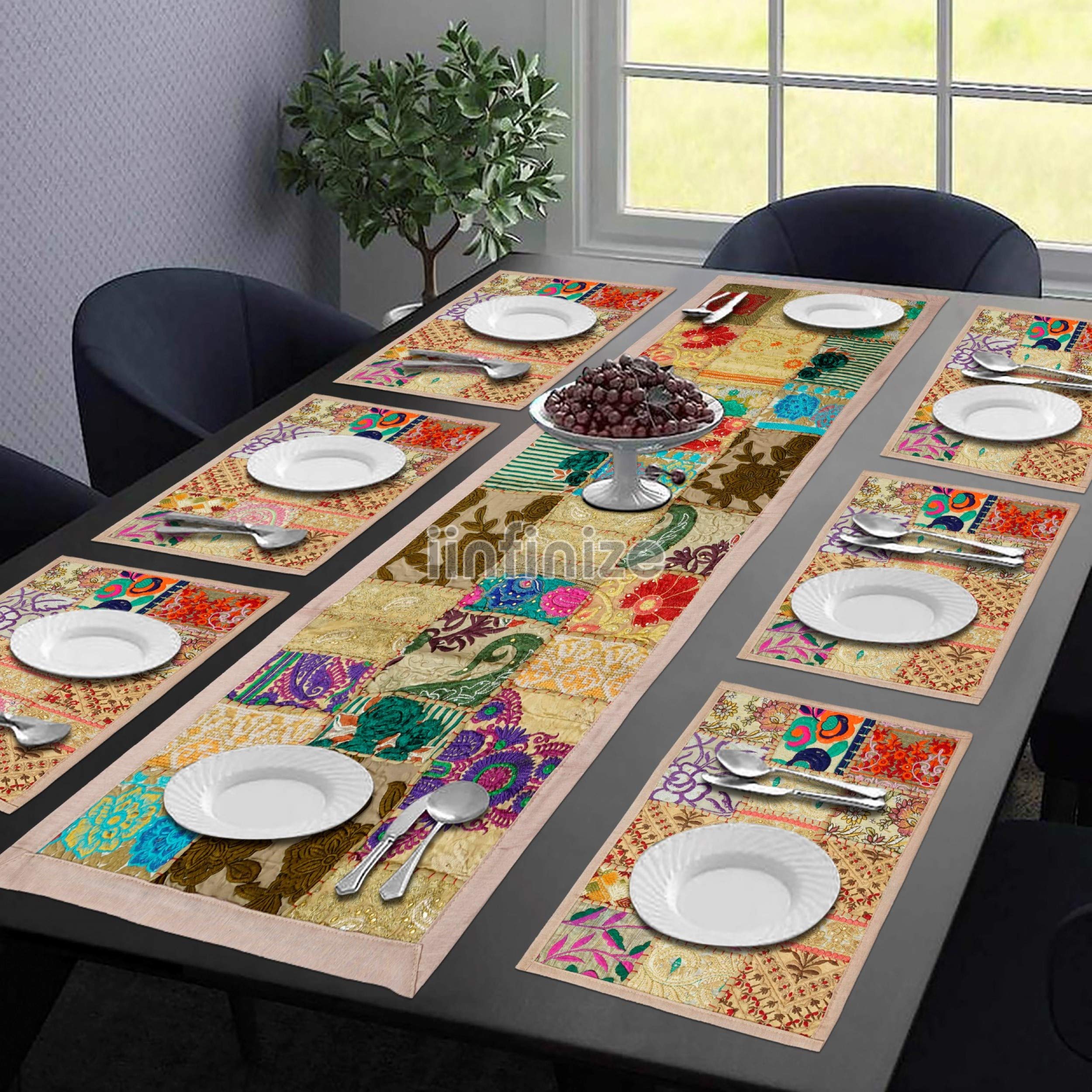 6-Piece Vintage Cotton Table Runner Set - 18x12 Inch Table Mats & 16x60 Inch Indian Kambhadiya Tablecloth - Perfect for Festivals, Hotels, and Dining Room Decor