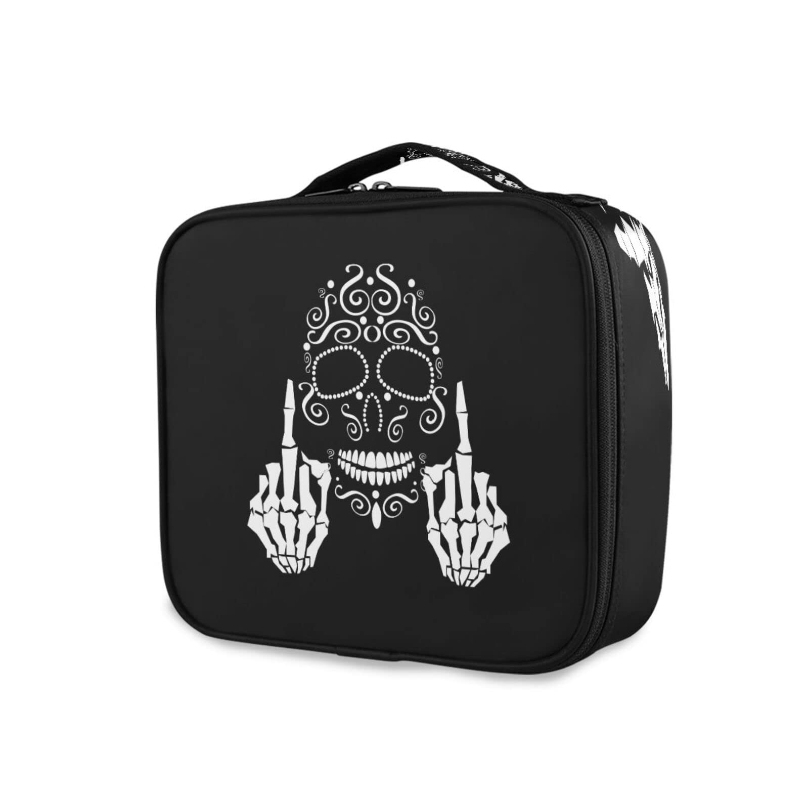 Skull Middle Finger Up Travel Makeup Case - Adjustable Compartment Professional Cosmetic Organizer Bag for Women | Perfect for Travel, Gym & Daily Makeup Storage