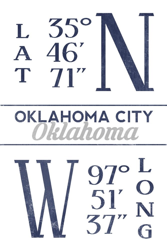 Oklahoma City Latitude and Longitude Blue Art Print - 24x36 Signed Wall Decor Poster for Home, Office & Classroom - Perfect for Geography Enthusiasts & Travel Lovers