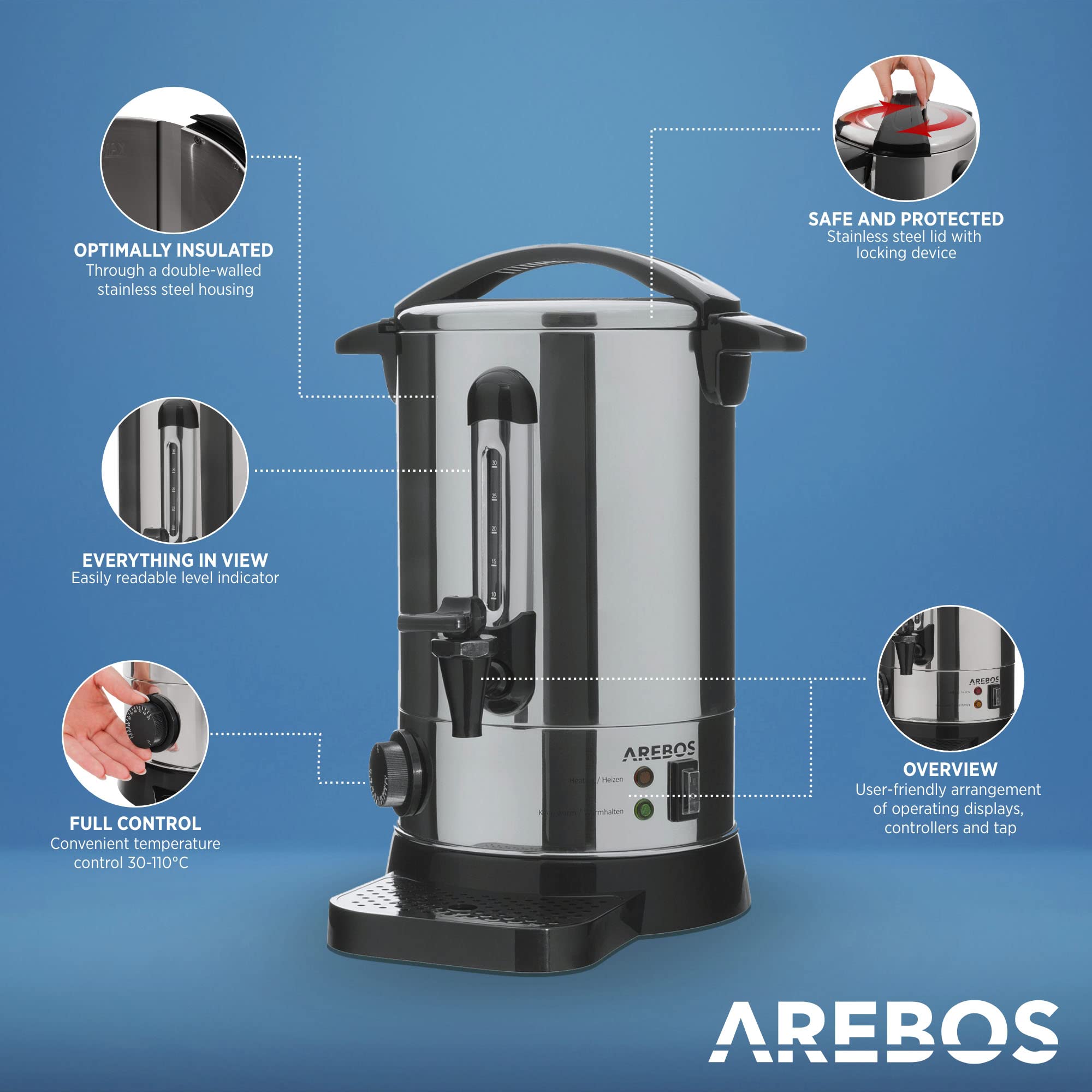 Arebos 6.8L 950W Electric Hot Water Dispenser with Tap - Adjustable Temperature 30-110°C for Mulled Wine, Coffee, Tea - Perfect for Home, Office, and Catering Use