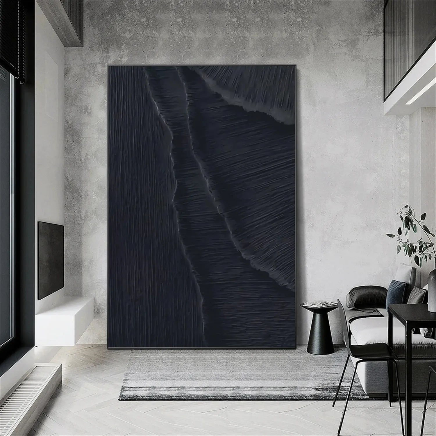 Black Plaster Art Minimalist Textured Painting - Modern Abstract Wall Decor for Living Room, Bedroom & Office - #MZ099