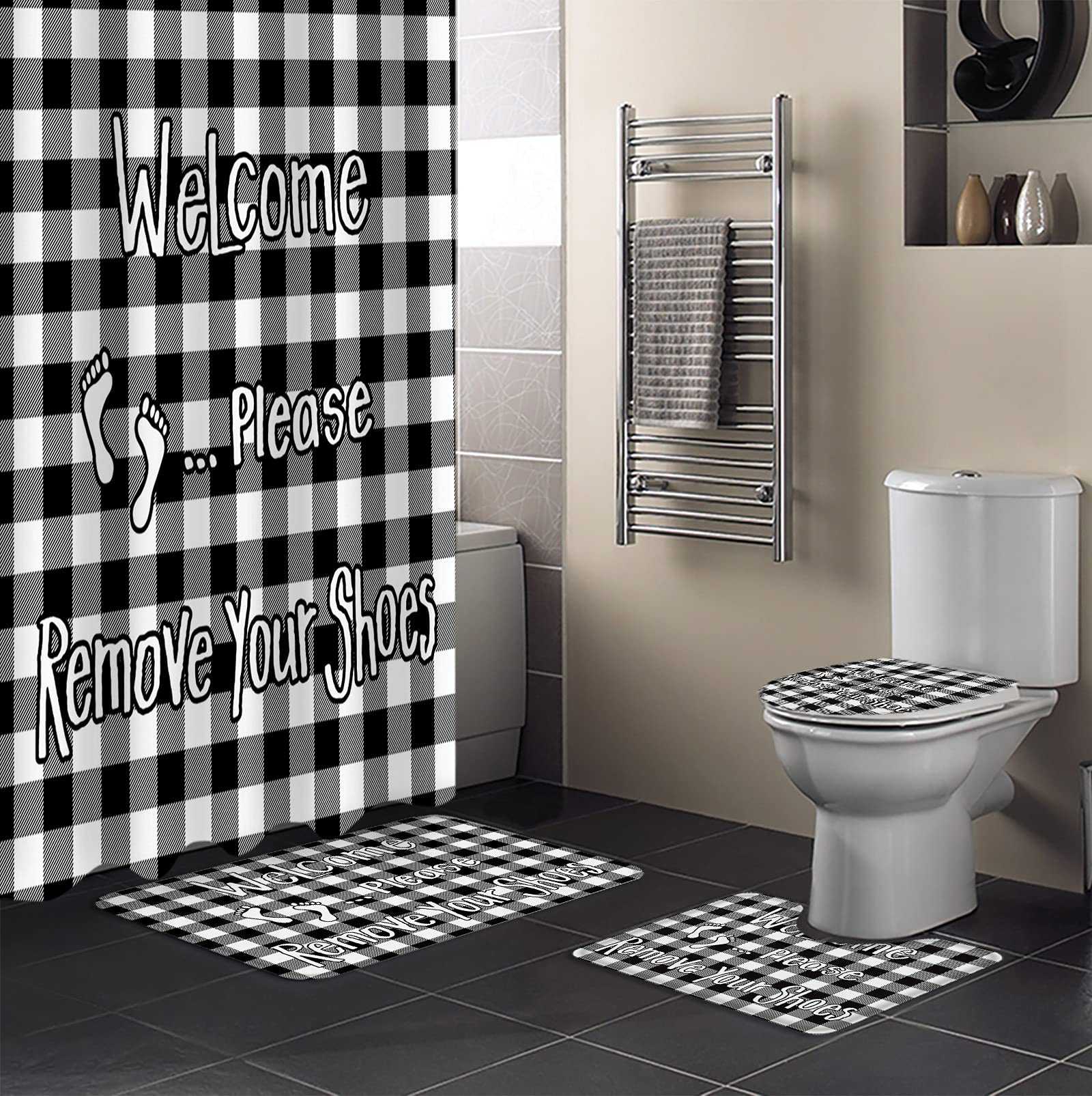 4-Piece Bathroom Set - Non-Slip Shower Curtain, Plaid Doormat, Toilet Seat Cover & Bath Mat | Black & White Checkered Decor | Perfect for Modern Bathrooms, Guest Baths & Apartment Living
