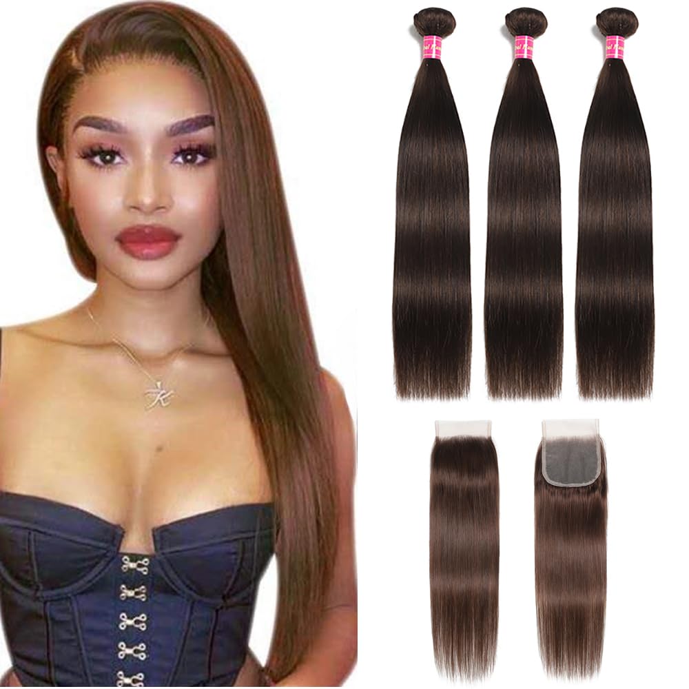 100% Unprocessed Brazilian Virgin Human Hair Bundles - 9A Grade Brown Hair Extensions for Sew-In Weave (18, 20, 22 +16 Inches) | Natural Looking Hair Replacement for Daily Styling & Special Occasions