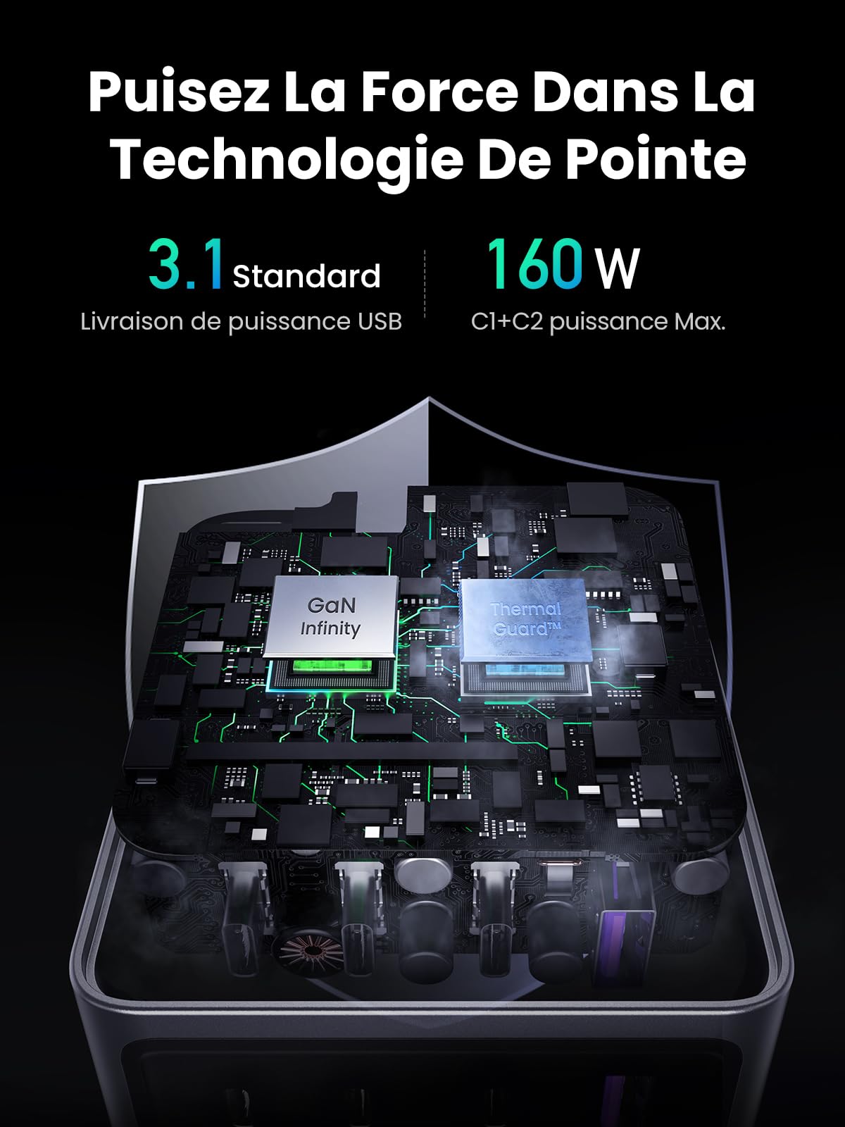 UGREEN Nexode Pro 160W GaN Fast Charger with 4 USB C Ports - PD 3.0 Quick Charge for iPhone 16/15/14/13/12 Pro Max, Galaxy S24/S23/S22 Ultra, Pixel, iPad & MacBook M4/M3/M2/M1 - Perfect for Home, Office & Travel Charging Multiple Devices Simultaneously