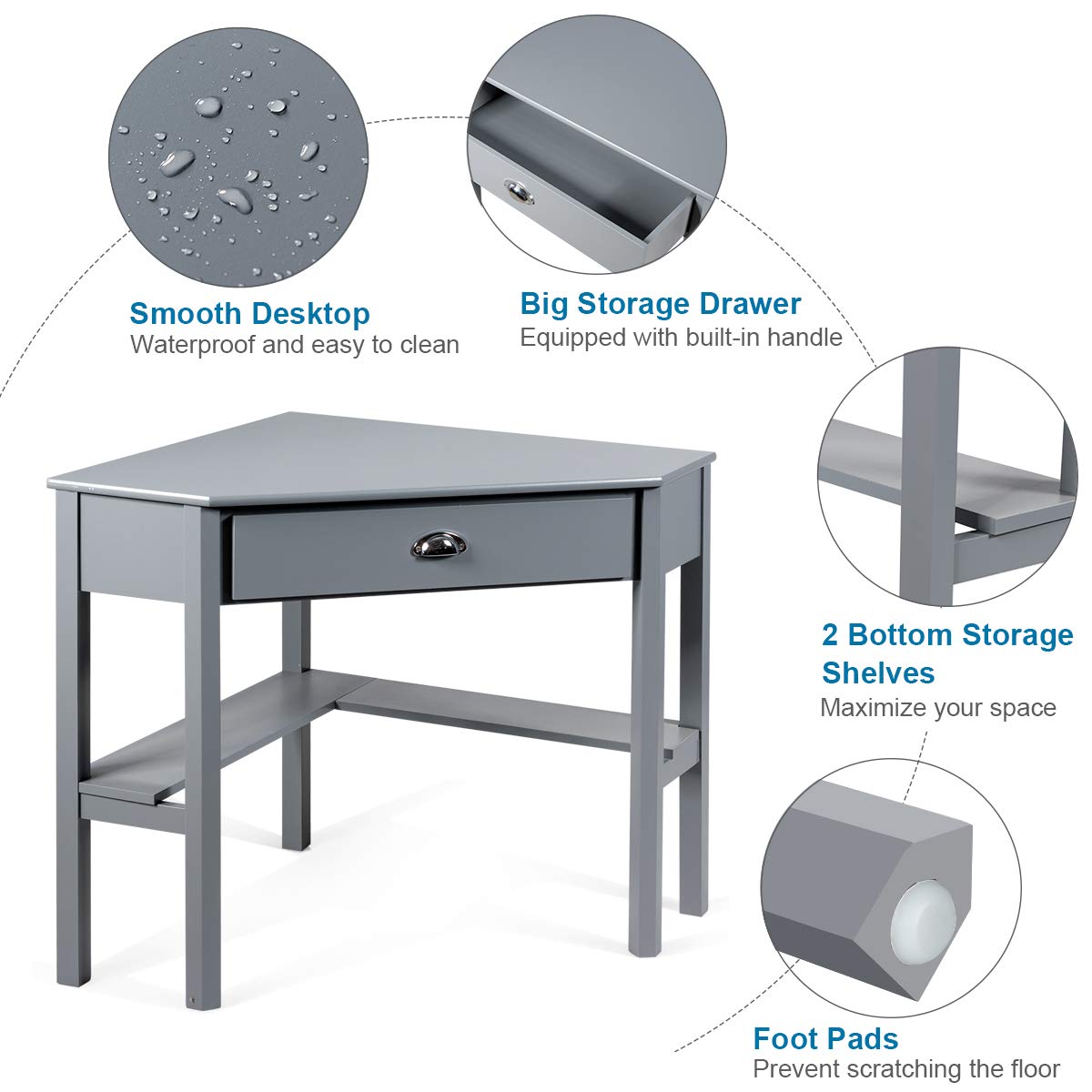 KOTEK Corner Desk with Drawer and Shelves - Wooden Home Office Desk, Triangle Computer Desk for Small Spaces, Writing Study Desk & Workstation, Makeup Vanity Table (Grey) - Perfect for Home Office, Gaming Setup, Dorm Room & Bedroom Workspace