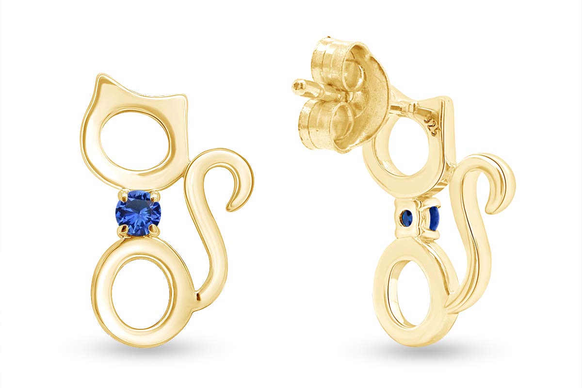 14K Gold Over Sterling Silver Round Cut Simulated Birthstone Kitty Cat Stud Earrings for Women | Push Back Closure | Perfect for Gifts, Birthdays, and Everyday Wear