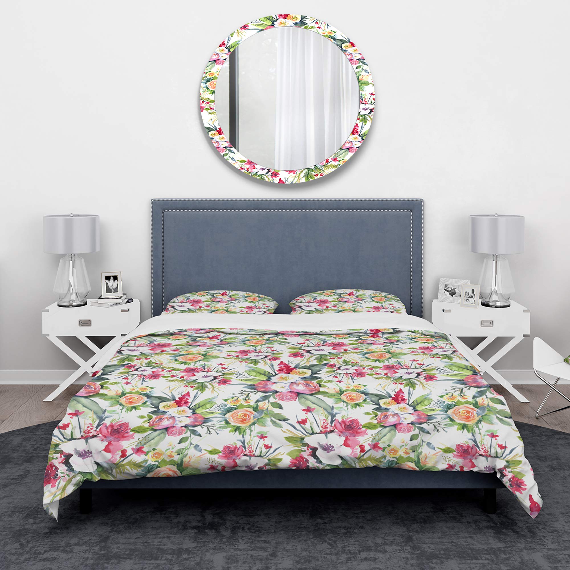 DesignQ Summer Wedding Floral Duvet Cover Set - Red, White & Yellow Nautical Coastal King Size (3-Piece) | All-Season Beach-Themed Bedding for Guest Rooms, Vacation Homes & Coastal Decor