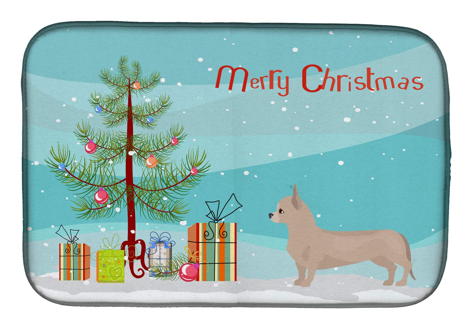 Tan Chiweenie Christmas Dish Drying Mat - Absorbent Kitchen Counter Pad (14x21