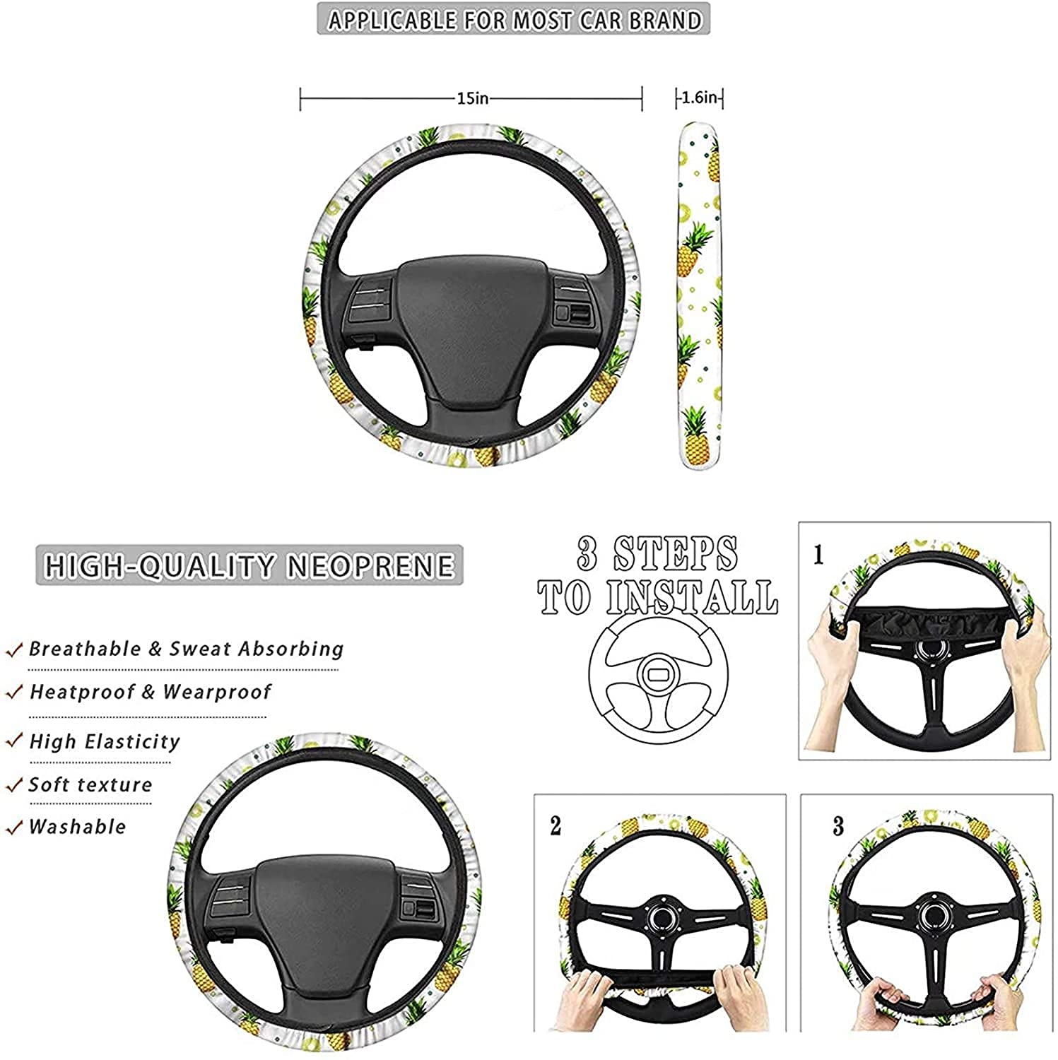 Hummingbird Rose Pattern Car Steering Wheel Cover Set with Seat-Belt Cover & Armrest Box - Soft & Non-Slip Car Accessories for Women - Perfect for Daily Commute & Road Trips