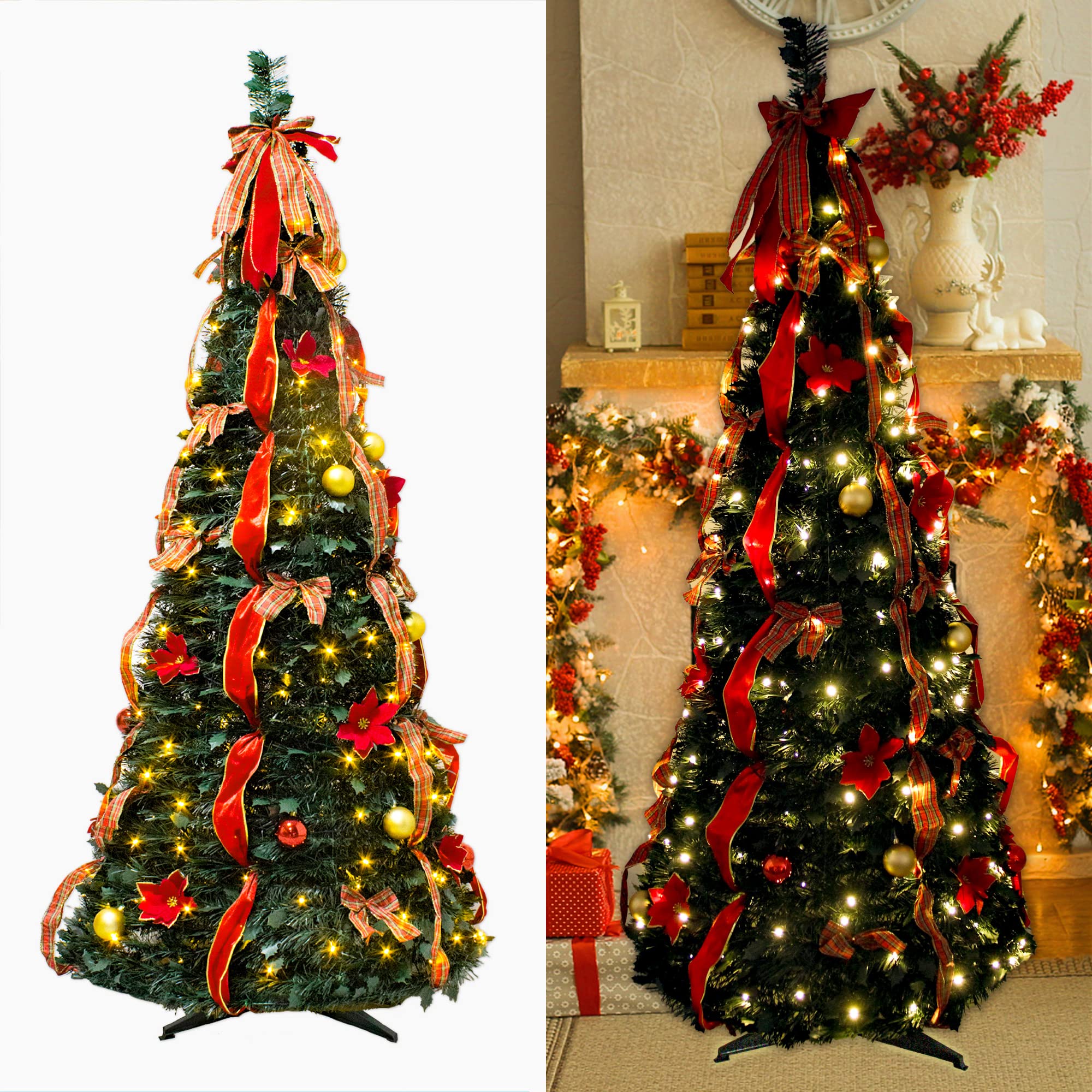 6FT Pre-Lit Pop-Up Christmas Tree with Red Ribbon Bow & Sparkling Ball Ornaments - Indoor/Outdoor Artificial Holiday Decor for Living Room, Porch, Office & Party Decorations