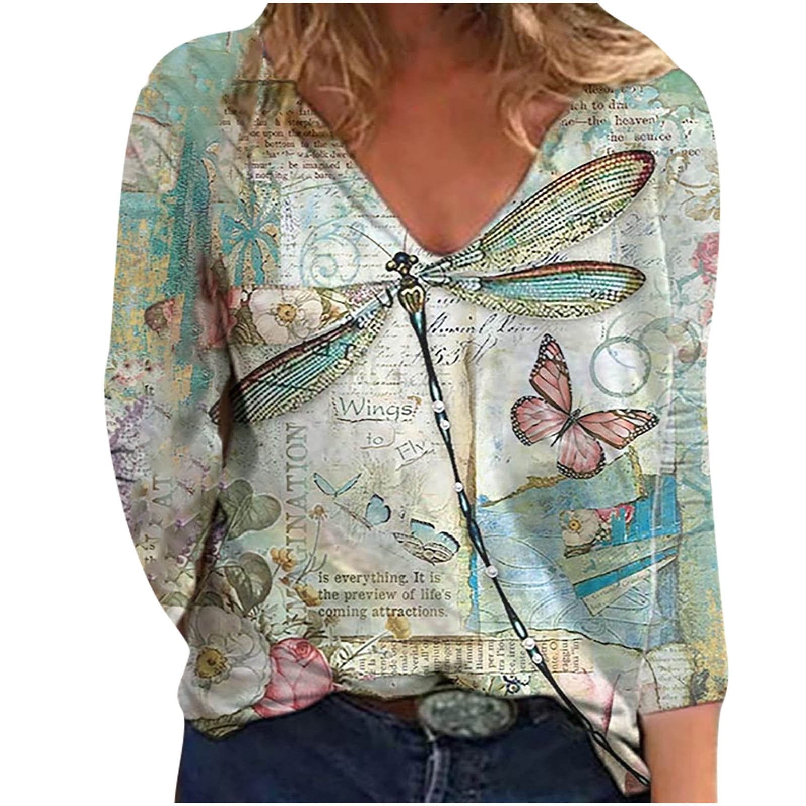 Women's Plus Size Long Sleeve V-Neck Sweatshirt - Dragonfly Floral Print Casual Pullover Blouse | Comfortable Lounge Wear & Everyday Outfit for Work, Dating or Weekend