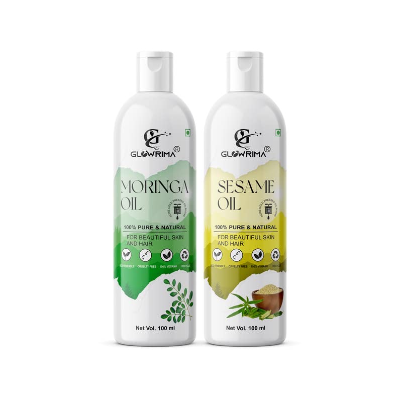 Glowrima 100% Pure Moringa Oil & Sesame Oil Combo (100ML Each) - Promotes Rapid Hair Growth, Reduces Hair Fall, Repairs Split Ends for Softer & Shinier Hair - Natural Hair Care Treatment for Daily Use, Scalp Massage & Overnight Hair Mask (Pack of 2)