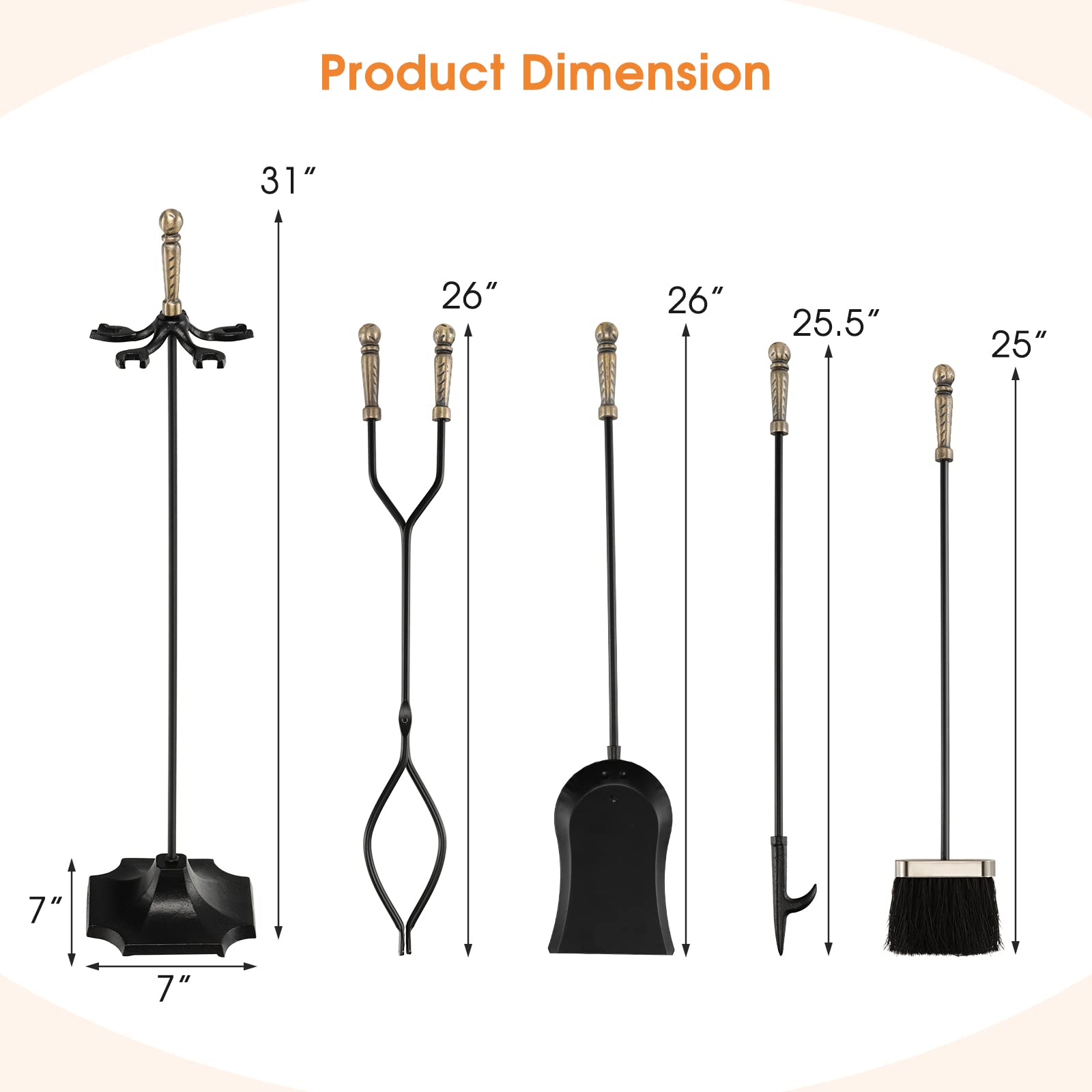 IRONMAX 5-Piece Fireplace Tools Set - Heavy Duty Wrought Iron Fire Pit Accessories with Brush, Shovel, Poker & Tongs - Indoor/Outdoor Fireplace Tool Set for Wood Stove, Fireplace & Campfire Use