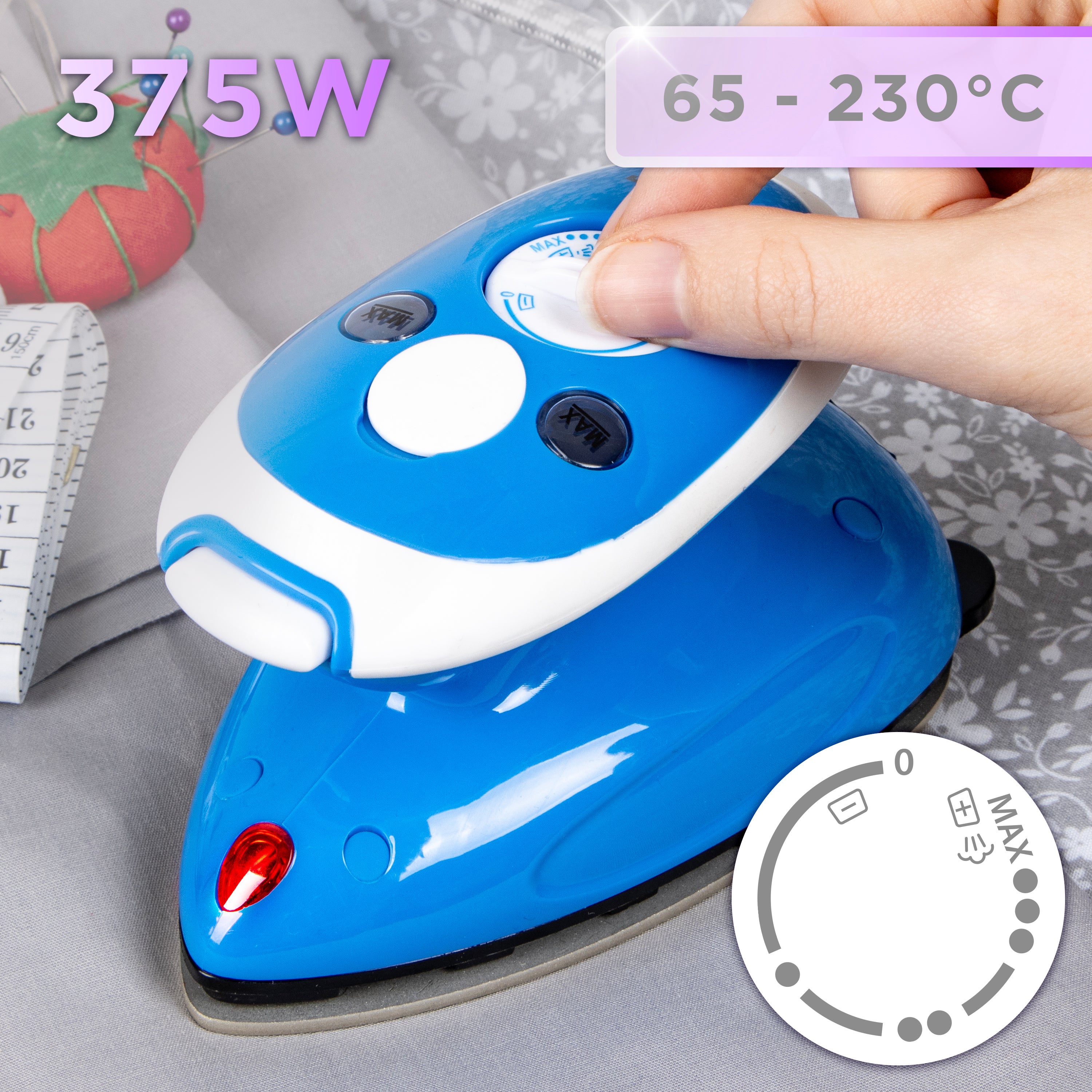Duronic Si2 BE Mini Travel Iron - 375W Compact Steamer with 50ml Water Tank, Adjustable Heat Settings & Brush - Perfect for Quilting, Patchwork, Applique & Crafts - Ideal for Travel, Holidays & Home Use - Blue