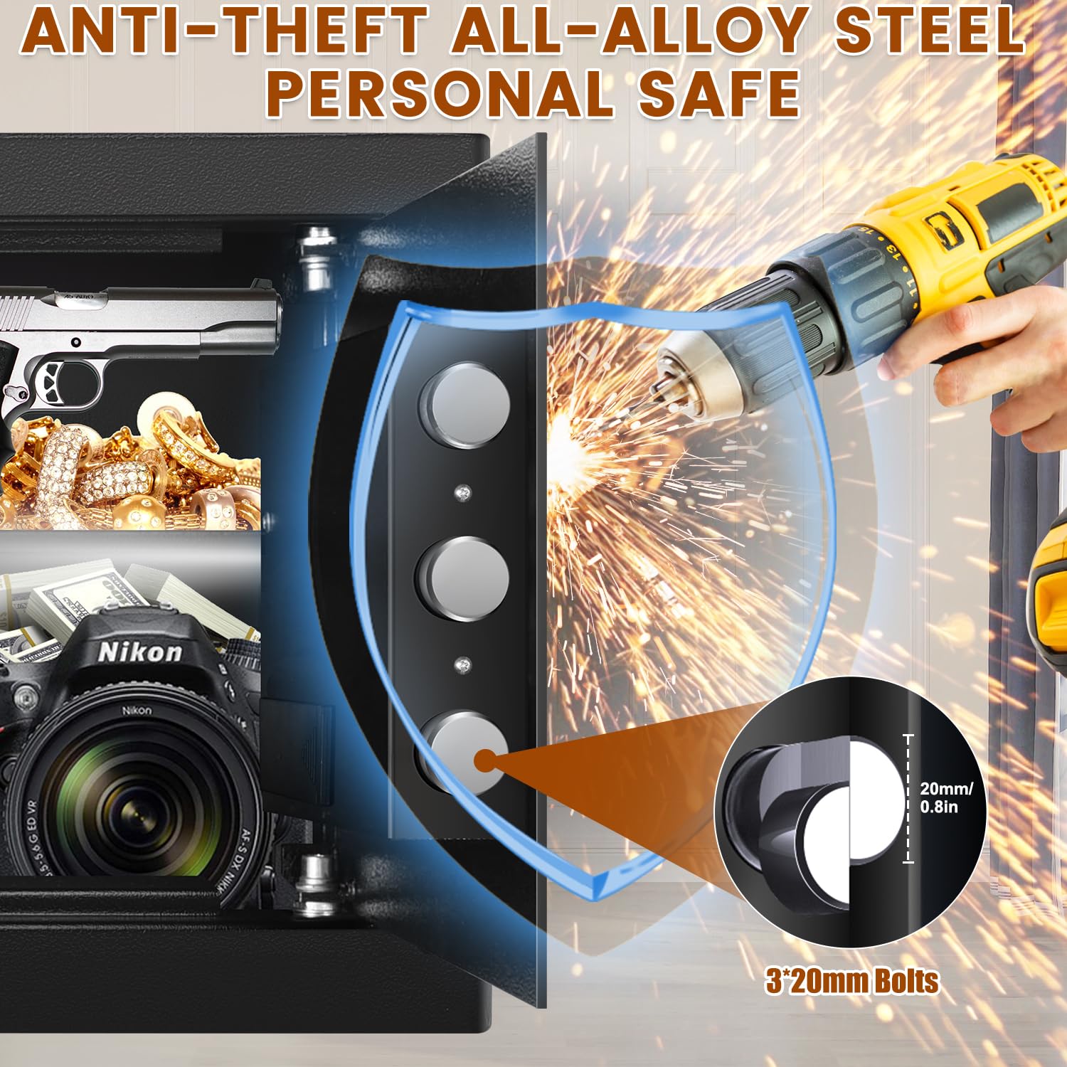 1.2 Cu Ft Fireproof & Waterproof Home Safe Box - Digital Security Safe with Programmable Keypad, Removable Shelf & Fireproof Money Bag - Protect Cash, Jewelry, Firearms, Documents & Valuables - Ideal for Home, Office & Emergency Use