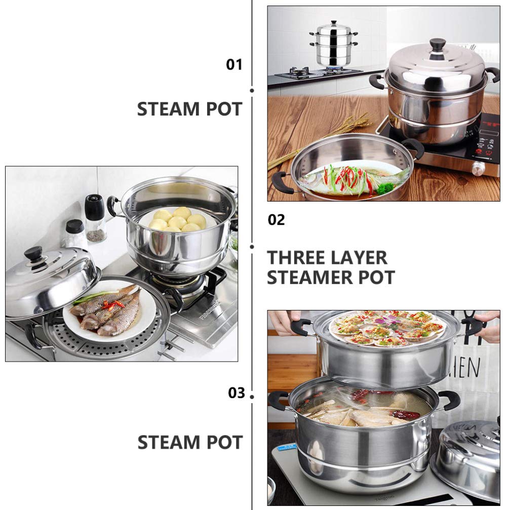 Stainless Steel Steamer Pot - 3-Layer Stackable Steaming Cookware for Soup, Dumplings & Vegetables | Durable Kitchen Stockpot for Home Cooking & Meal Prep | Perfect for Stovetop, Induction & Gas Burners