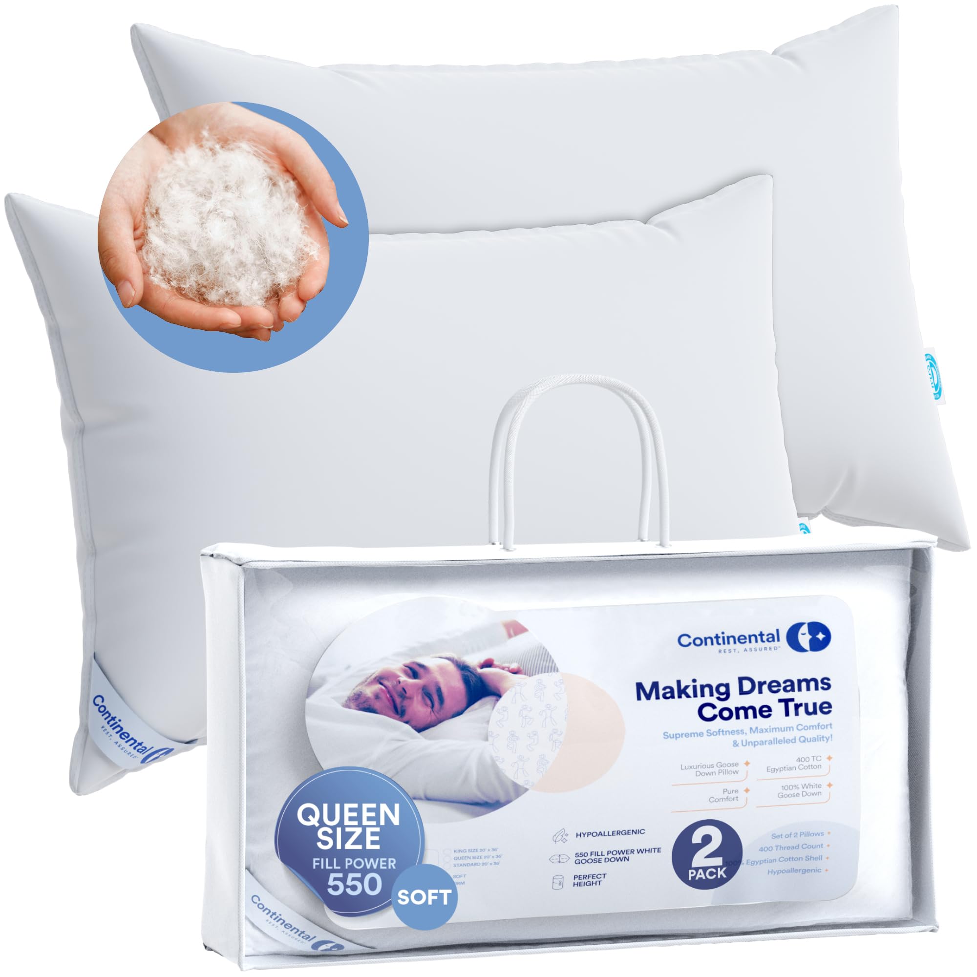 Premium 100% Luxury Down Pillows 550 Fill Power - Ultra Soft Queen Size (Set of 2) White Down Feather Pillows for Side Sleepers & Back Sleepers - Perfect for Hotels, Guest Rooms & Master Bedrooms