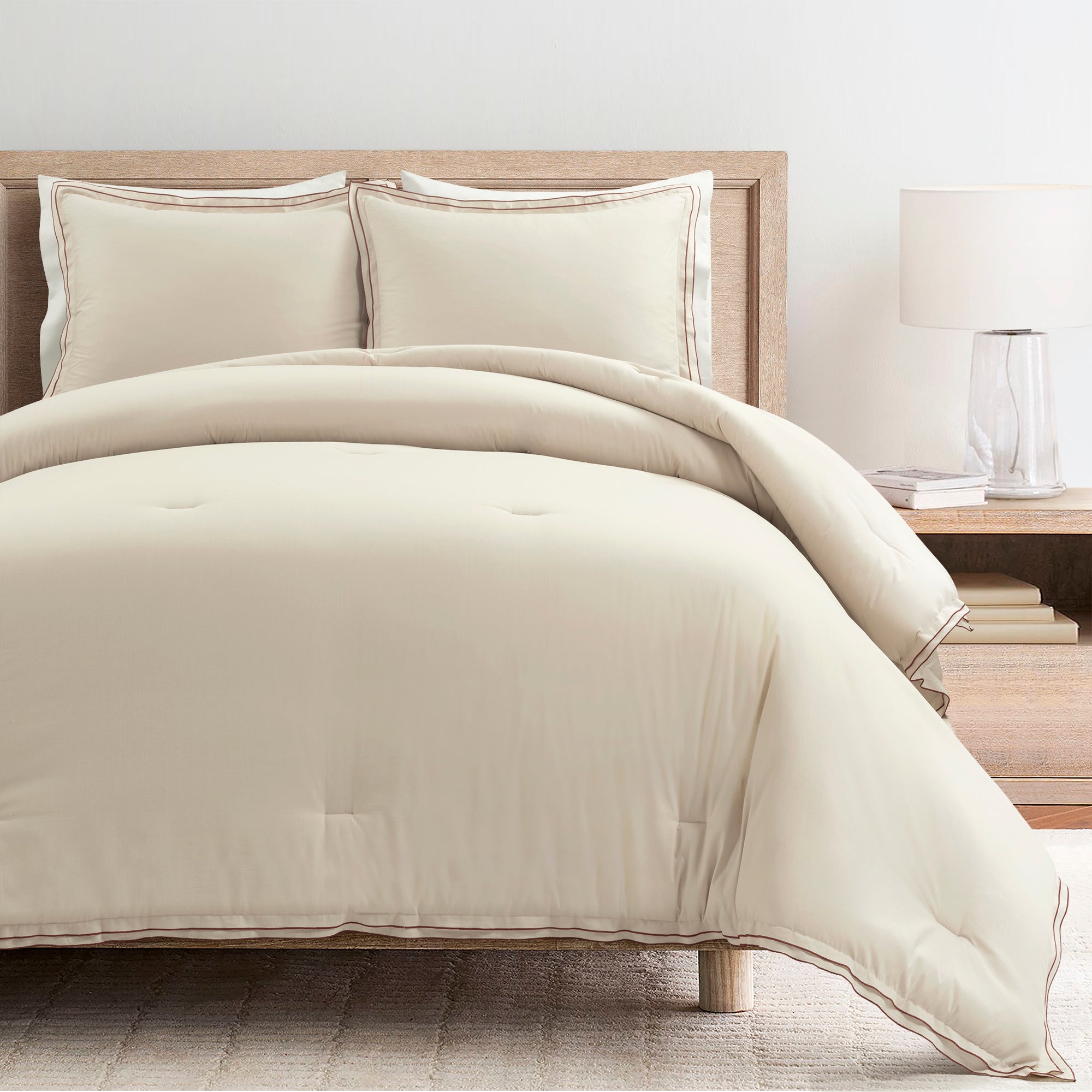 Hampton Double Flange Embroidered Contrast Edge Comforter Set - Queen Size Luxury Bedding for Master Bedroom & Guest Room - Soft & Elegant Home Decor for All Seasons