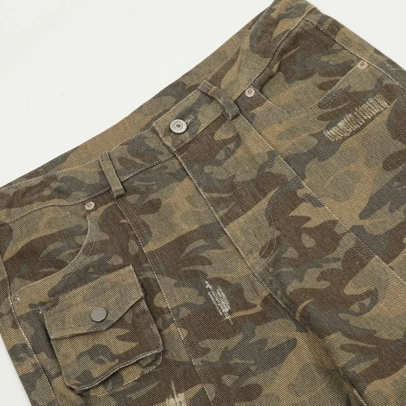 2025 Trendy Men's Camouflage Denim Cargo Pants - Multi-Pocket Wide Leg Distressed Jeans for Casual Wear | Outdoor Adventure & Street Style Fashion