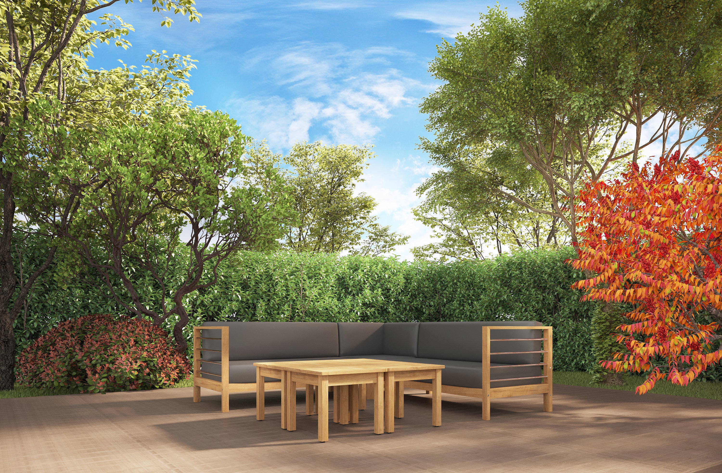 Premium 7-Piece Teak Outdoor Sectional Deep Seating Set with Sunbrella Charcoal Cushions - Durable Patio Furniture for Backyard, Poolside & Garden Relaxation