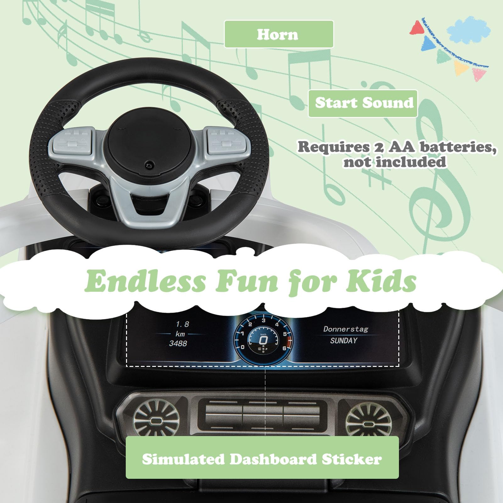 Nightcore Push Car for Toddlers - Ride On Toy with Removable Canopy, Anti-Tipping Design & Engine Sound - Safe Baby Walker with Retractable Footrest & Guardrail - Perfect Indoor/Outdoor Play for Boys & Girls (White) - Great for Birthday Gifts, Backyard Fun & Preschool Learning Activities