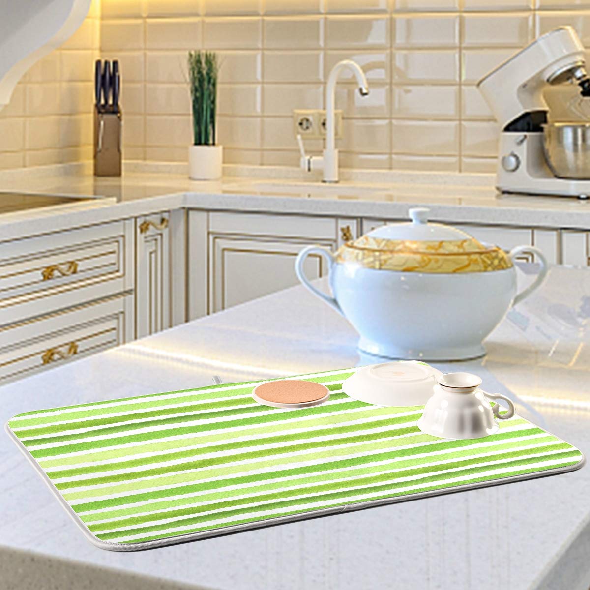 Kitchen Sink Dish Drying Mat - Heat Proof, Multifunctional Counter Mat, Striped Lime Green, 18 x 24 Inch - Perfect for Dish Drainer, Counter Protection, and Kitchen Organization
