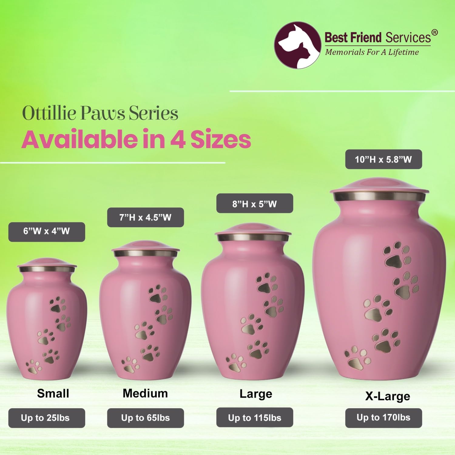 Hand Carved Brass Pet Urn for Dogs and Cats Ashes - Ottillie Paws Legacy Memorial Keepsake Urn, Small Ardent Pink with Vertical Pewter Paws, Perfect for Home Display or Memorial Ceremony