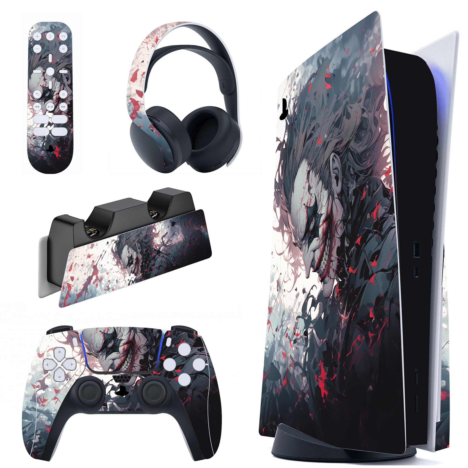 PlayVital Killing Clown Full Skin Decal Set for PS5 Console Disc Edition - Sticker Vinyl Cover for PS5 Controller, Charging Station, Headset & Media Remote - Perfect for Gaming Setup and Horror Theme Decor