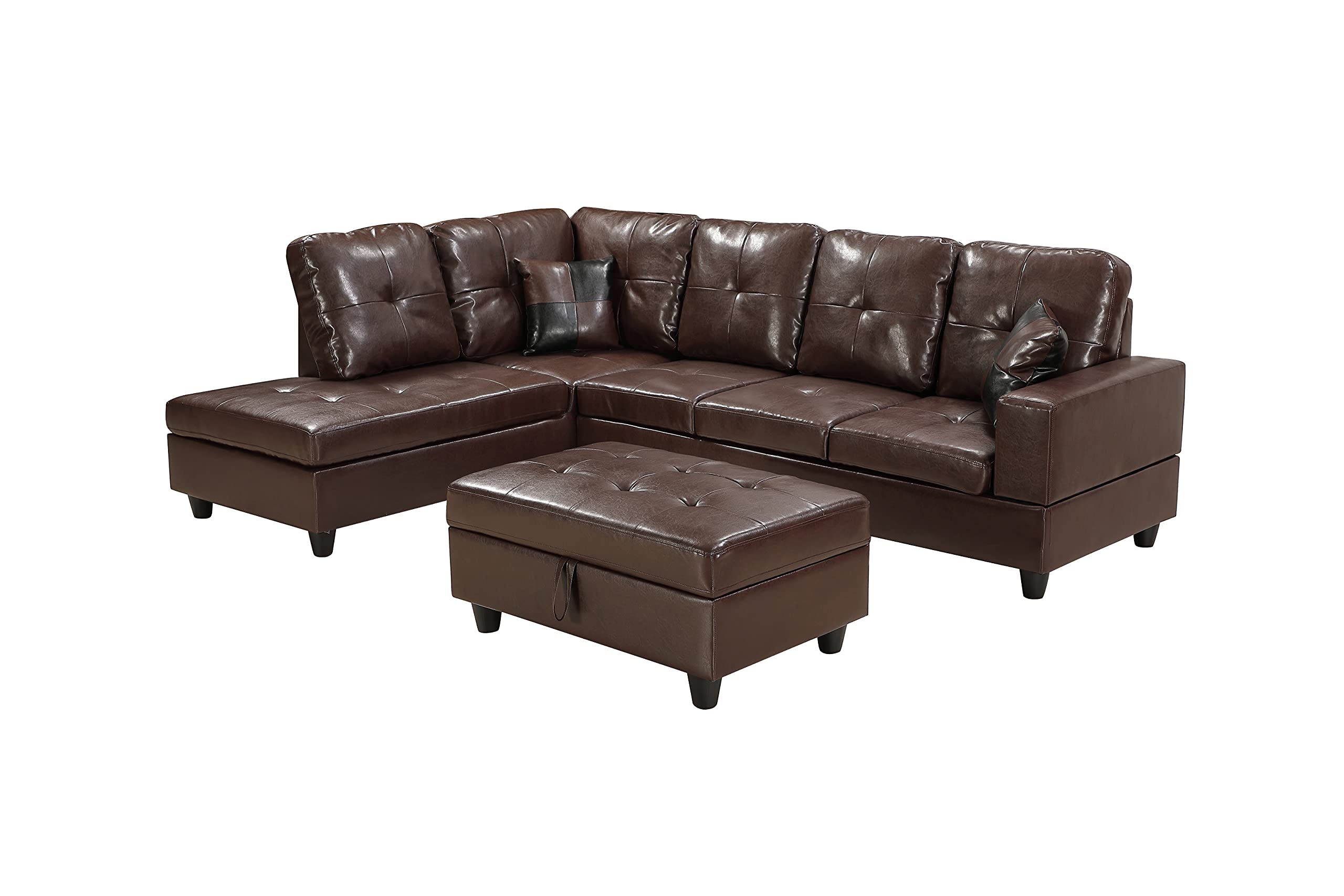 Modern L-Shaped Microfiber Faux Leather Sectional Sofa with Left Chaise Lounge & Storage Ottoman - 103