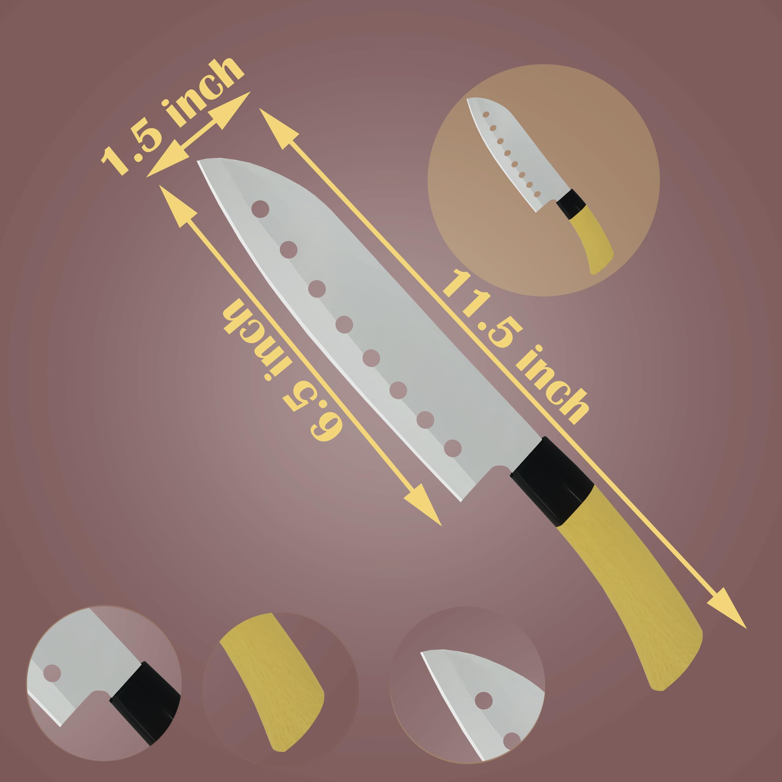 ATARC AT-135 7-Inch Japanese Santoku Knife with Non-Stick Holes - Ultra Sharp Stainless Steel Blade for Meat, Chicken, Cheese, Vegetables & Fruits - Ergonomic Handle (Yellow) - Perfect for Home Kitchen, Professional Chefs & Food Prep