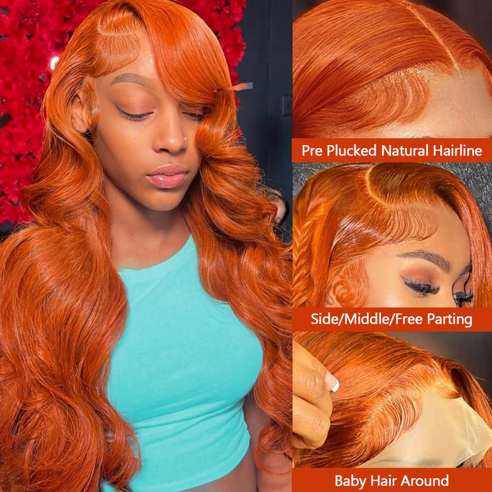 26 Inch Ginger Body Wave Lace Front Wigs Human Hair - 13x6 HD Lace Frontal with 180% Density, Pre-Plucked Natural Hairline, Glueless Orange Colored Wig (350 Color) - Perfect for Cosplay, Halloween, Daily Fashion & Protective Hairstyles