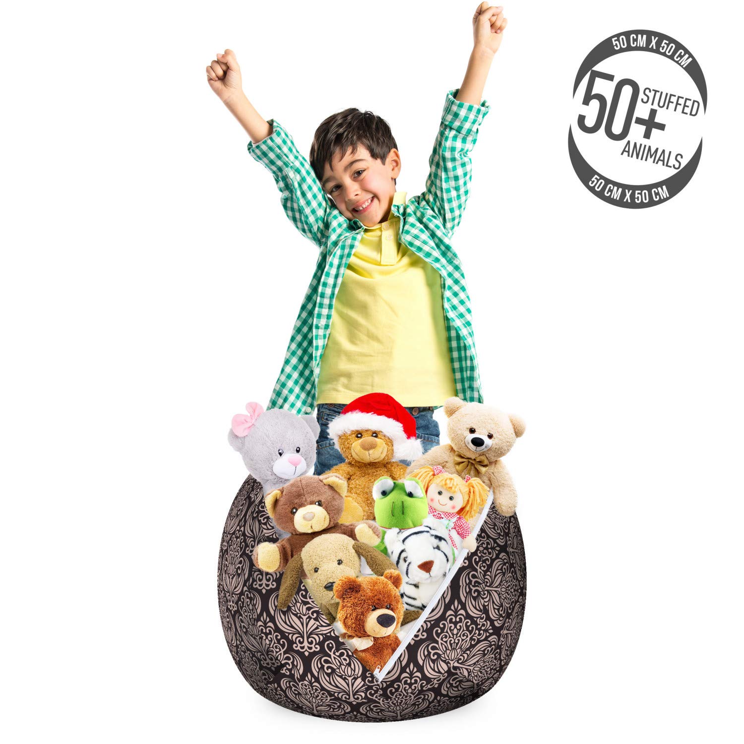 Ambesonne Damask Storage Toy Bag Chair - Byzantine Pattern Modern Design, Traditional Tile Flower Stuffed Animal Organizer, Washable Small Size in Beige & Charcoal Grey | Kids Room Decor, Nursery Storage, Playroom Organization