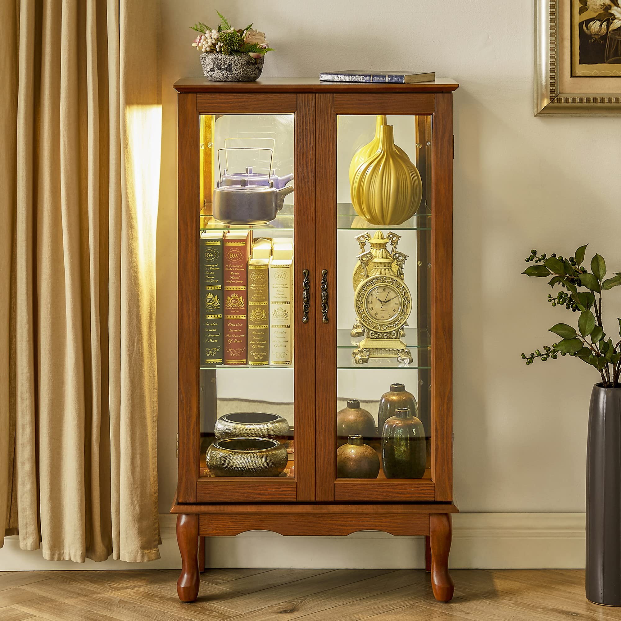 Lighted Curio Cabinet with Adjustable Shelves & Mirrored Back - 3-Tier Oak Wood Display Case with Tempered Glass Doors - Perfect for Showcasing Collectibles, China, or Home Decor
