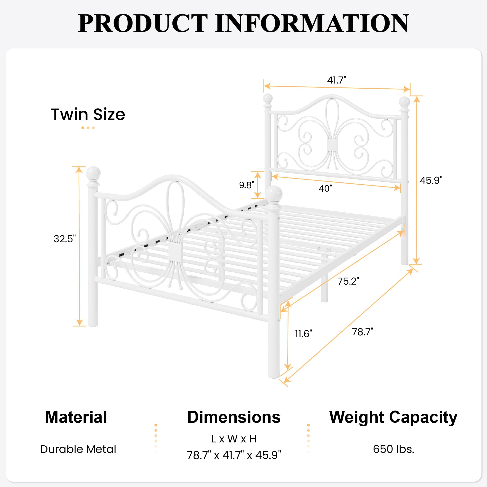 SHA CERLIN Twin Size Metal Bed Frame for Kids - Butterfly Pattern Headboard & Footboard, No Box Spring Required, Easy Assembly, White - Perfect for Children's Bedrooms, Guest Rooms & Small Spaces