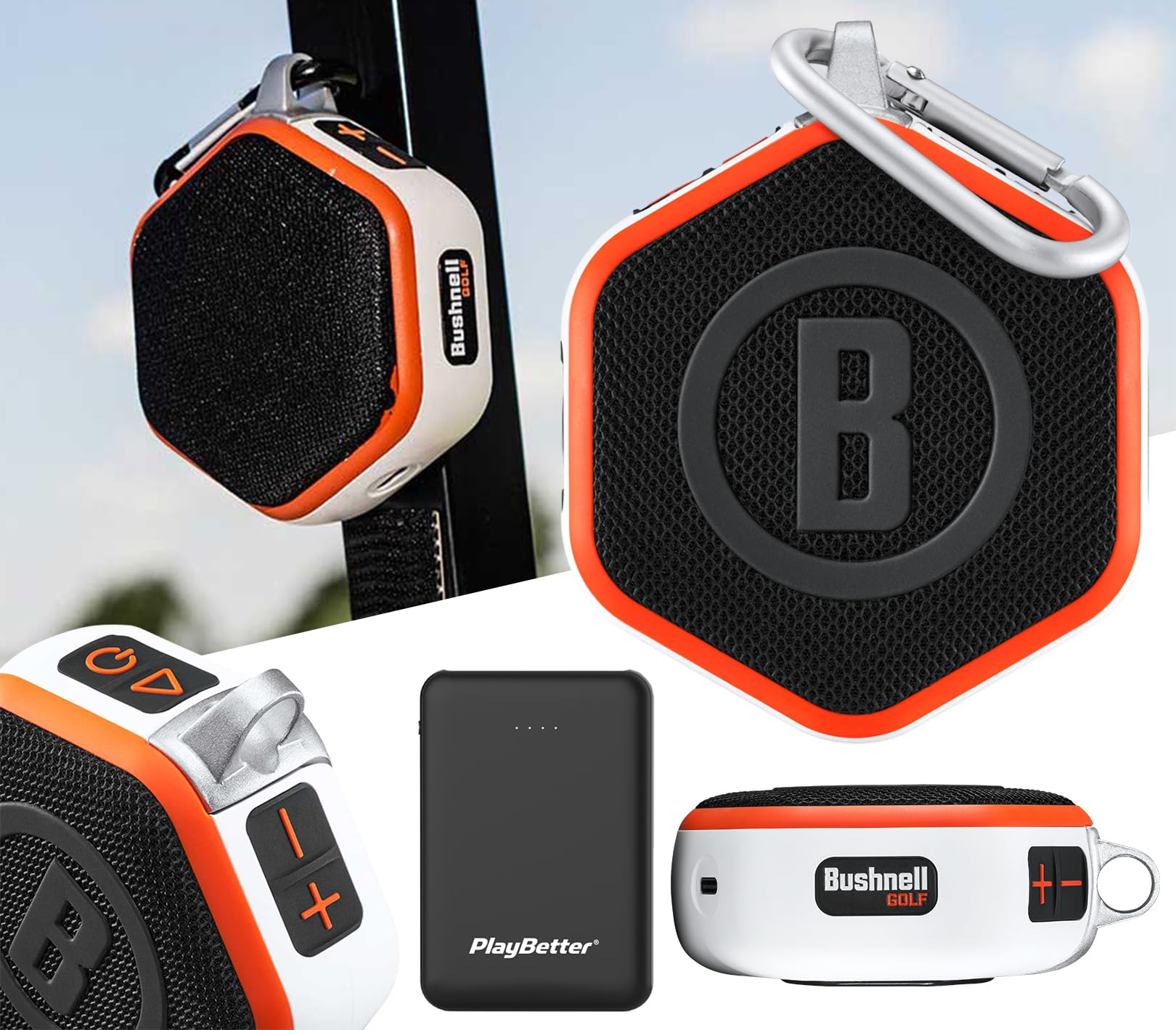 Bushnell Wingman Mini (Orange/White) Magnetic GPS Golf Speaker with PlayBetter Portable Charger - Bluetooth Speaker for Golf Cart with Audible Distance & Music - Preloaded 36,000+ Golf Courses - Perfect for Outdoor Sports, Driving Range & Golf Cart Entertainment