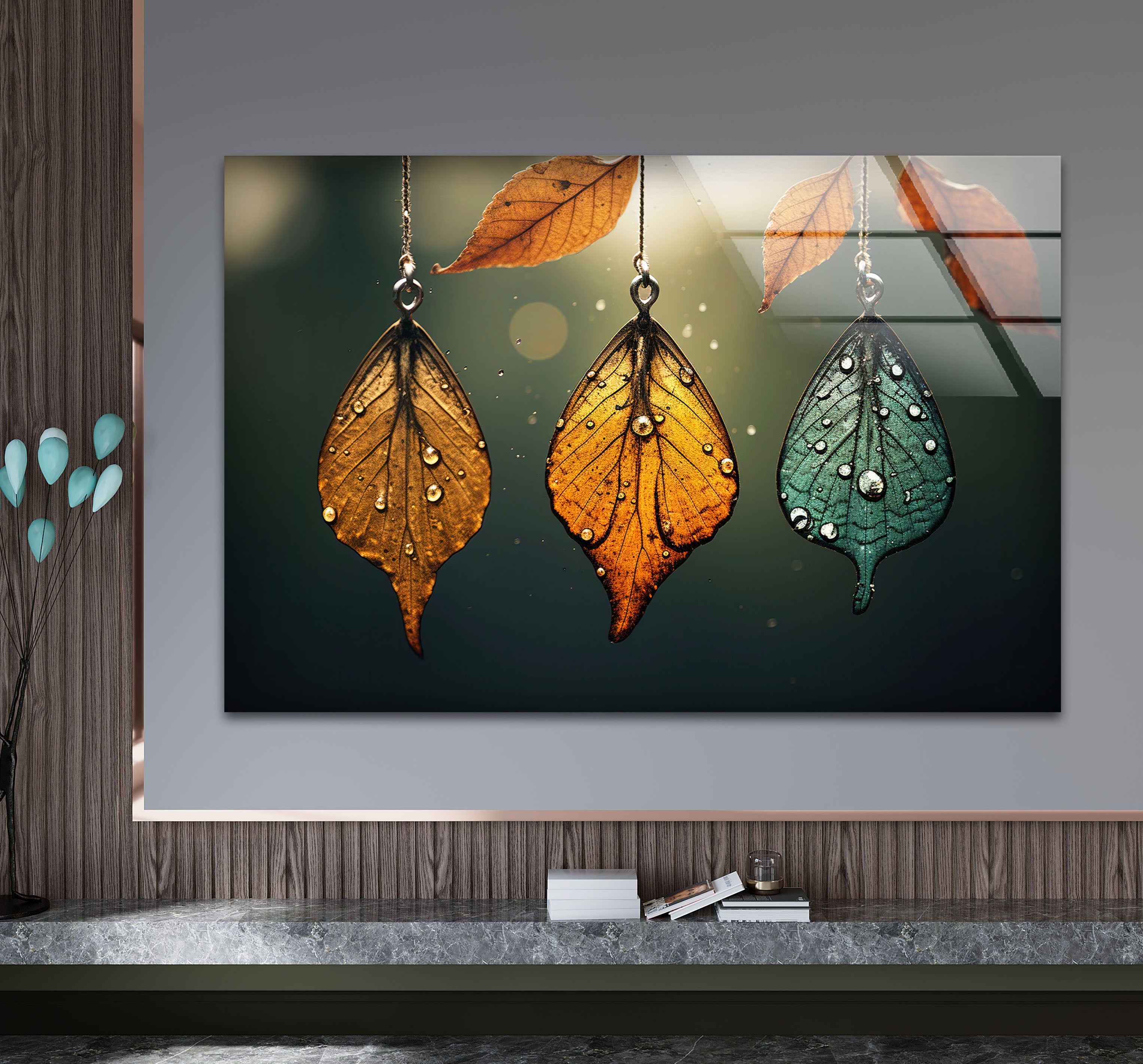 Autumn Dew Leaf Wall Art Print - Elegant Nature Inspired Decor with Golden & Teal Hues - Perfect for Living Room, Bedroom & Office Decor