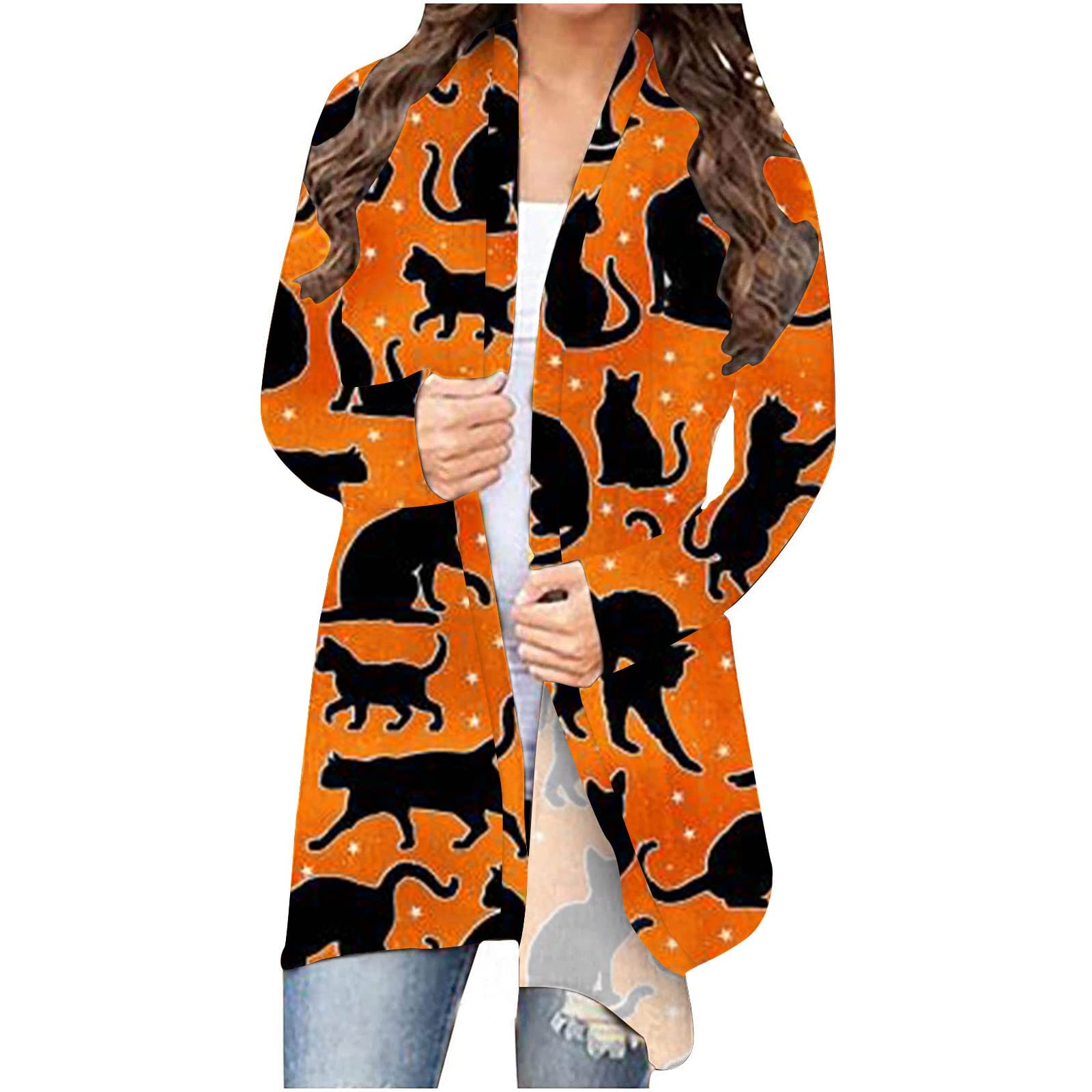 Women's Halloween Cardigan - Cute Pumpkin Cat Ghost Print Sweater Top | Long Sleeve Lightweight Winter Coat | Perfect for Halloween Parties, Fall Outfits & Cozy Seasonal Wear