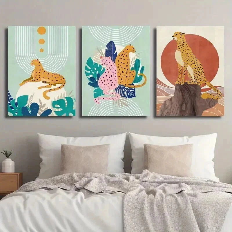 3-Piece Abstract Cartoon Leopard & Tropical Leaves Wall Art Set - 50x70cm Framed Canvas Prints | High-Quality Australian-Made Home Decor | Perfect for Living Room, Bedroom & Office Decorations