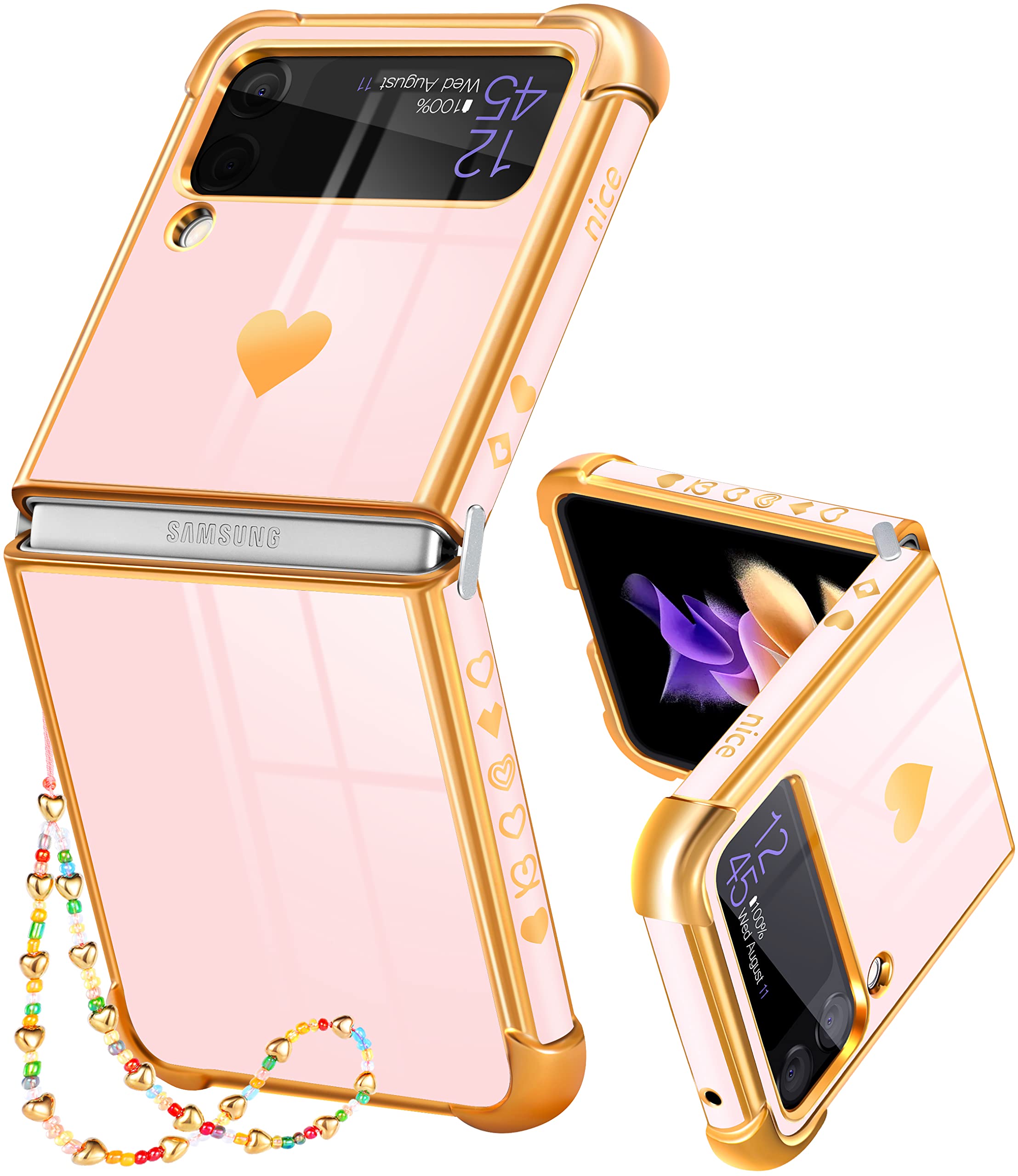 Luxury Gold Plated Heart Design Samsung Galaxy Z Flip 3 Phone Case - Trendy Aesthetic Cover with Chain for Women & Girls | Perfect for Daily Use, Parties & Special Occasions | Compatible with Galaxy Z Flip 3 5G 6.7