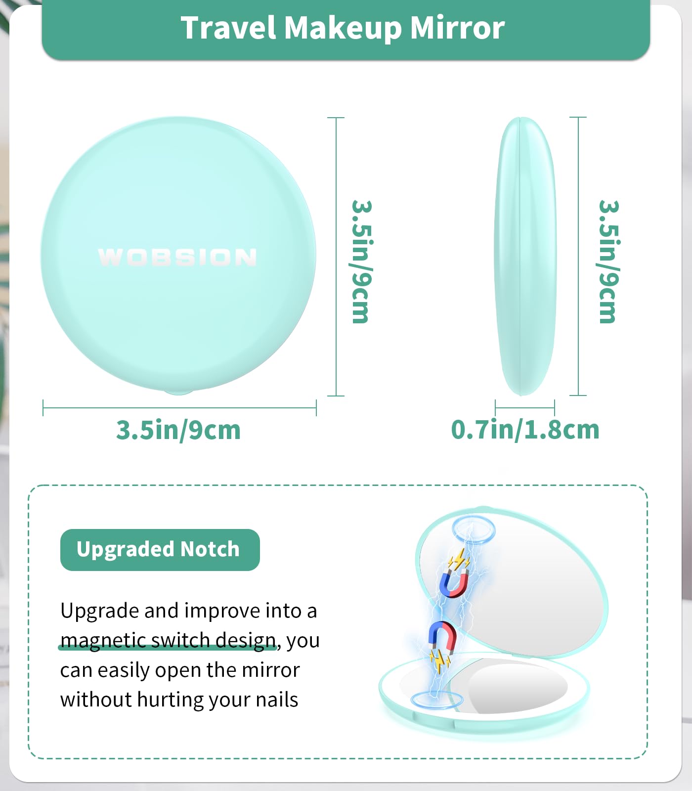 Wobsion 2-in-1 Travel Mirror with LED Light - 1x & 10x Magnification, Portable Handheld Makeup Mirror for Women, 2 Pack (Cyan & Pink) | Perfect for Travel, Home Vanity, Purse & Cosmetic Touch Ups