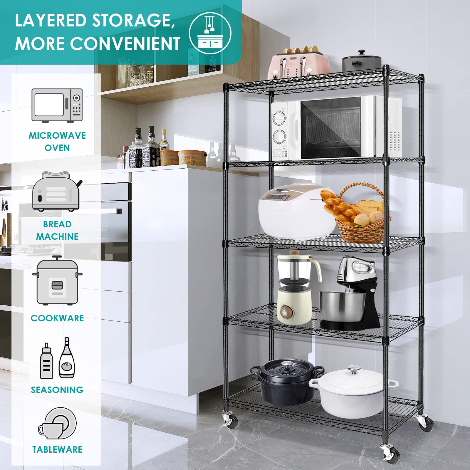 5-Tier Heavy Duty Adjustable Wire Shelving Unit with Locking Wheels - NSF Certified Metal Storage Rack for Kitchen, Pantry, Laundry, Garage & Office Organization - 17.7